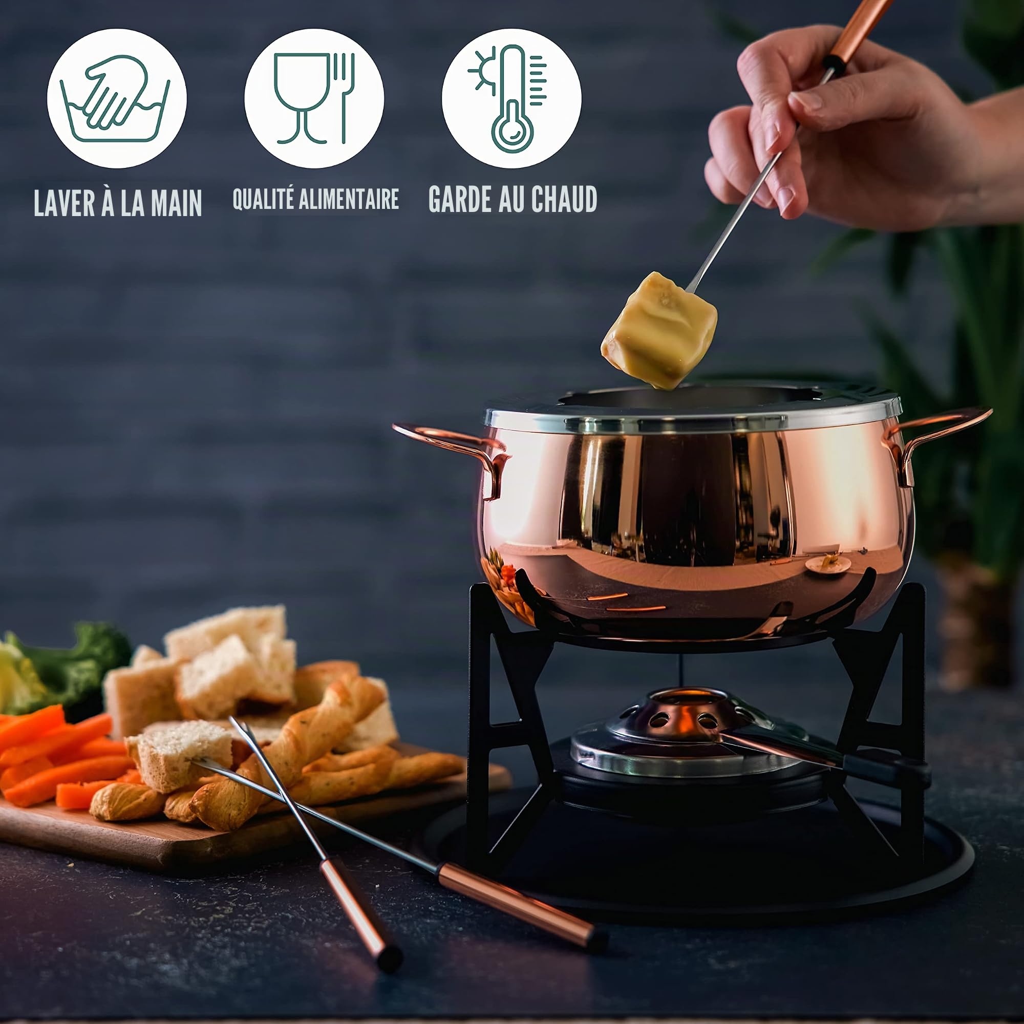 Oak & Steel - 10 Pièces Service à Fondue en Acier Inoxydable Or Rose/Cuivre avec Coffret Cadeau - Chocolats, Bourguignonne, Fromage, Savoyarde & Viande - Cadeau de Noël