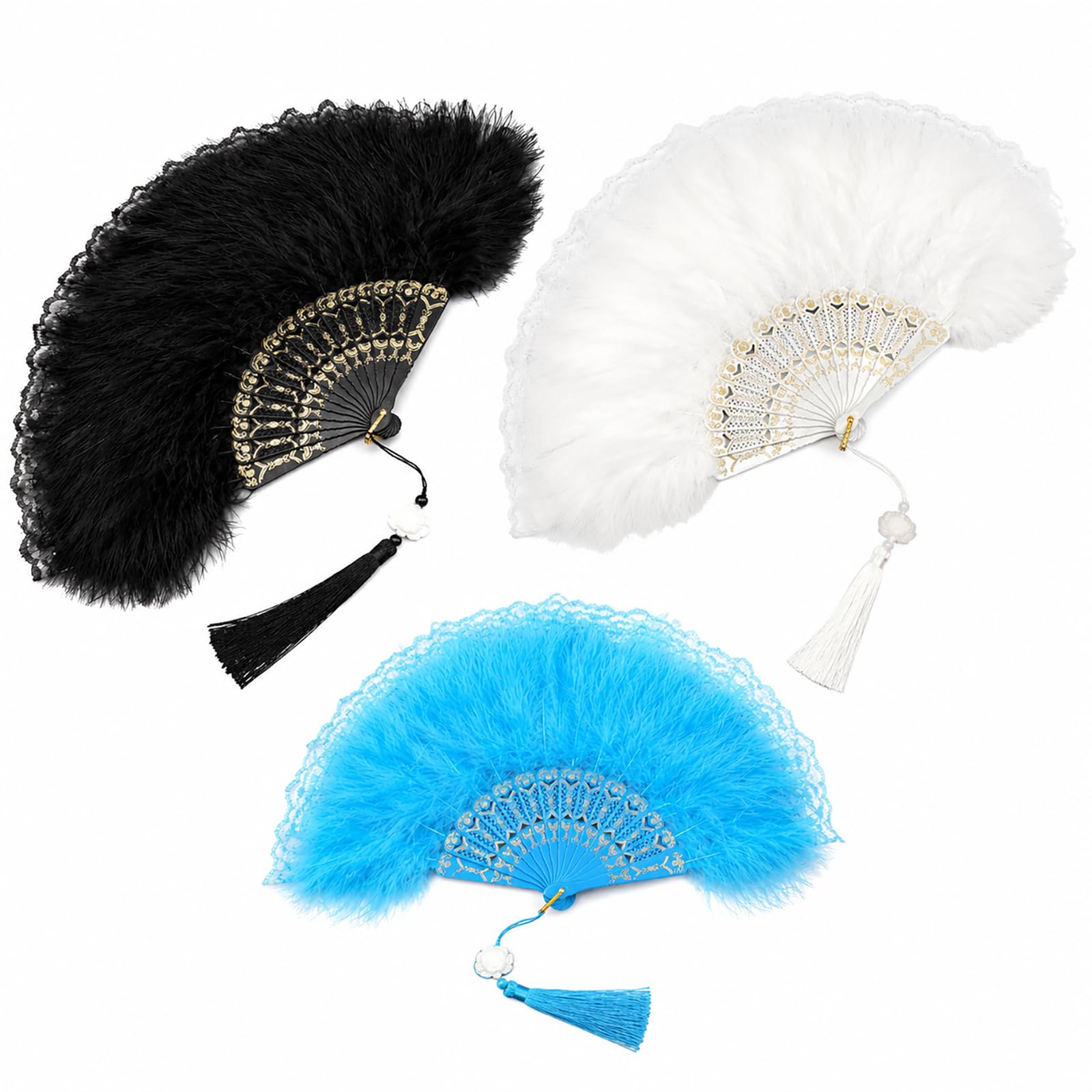 CAYLEKI Light Blue Feather Lace Folding Hand Fan Vintage Style Bamboo Frame Fan with Tassel Gold Embroidery for Wedding Bridal Party Dance Stage Performance Home Decor Gift
