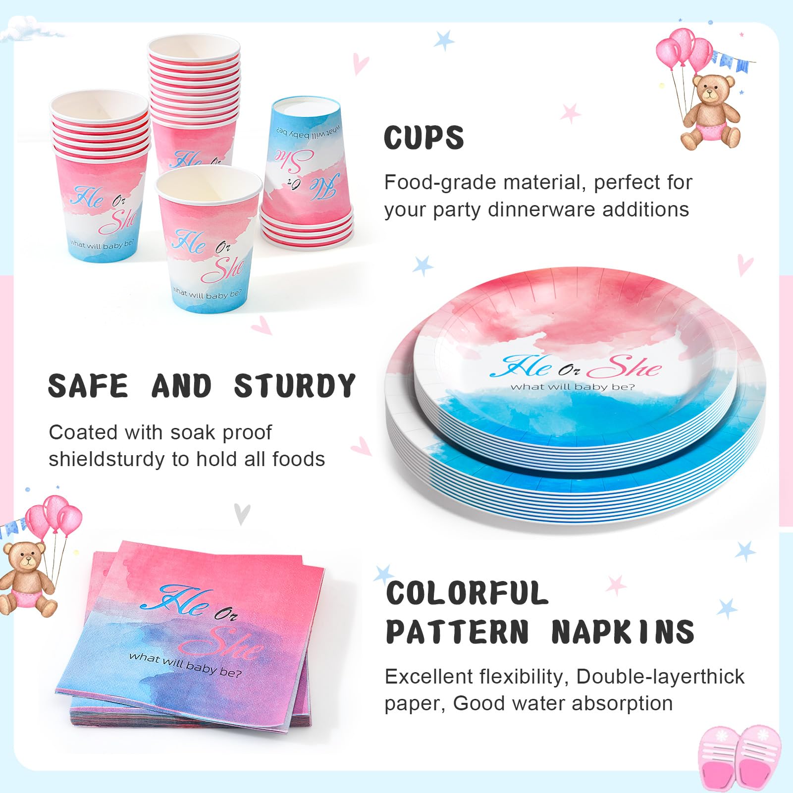 Kit Decorazione Gender Reveal Per 25 Ospiti - Striscione, Palloncini, Tovaglie - Foto 7