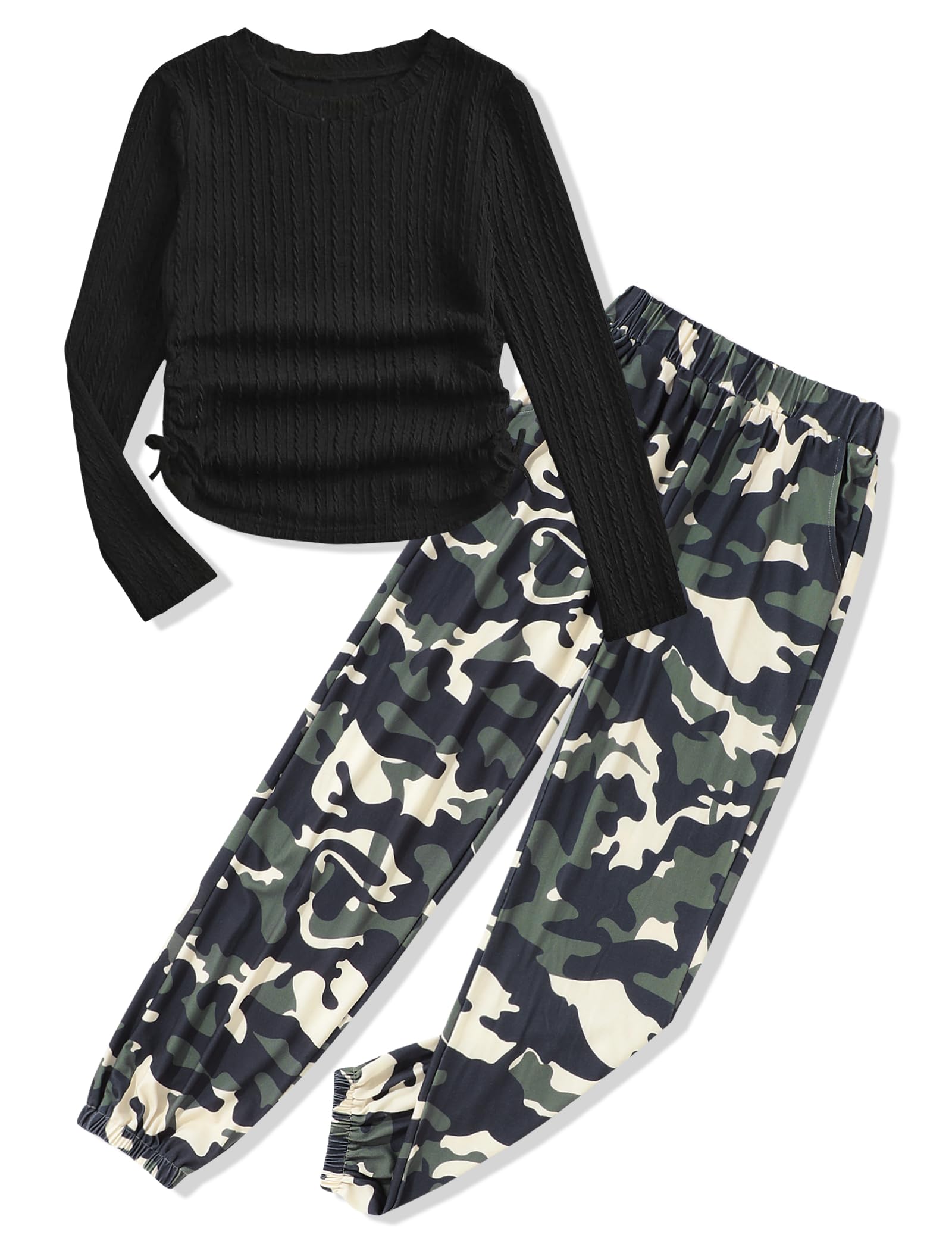 Premium Ribbed Knit T-Shirt & Camo Print Pants Clothing Set (6-16Y)