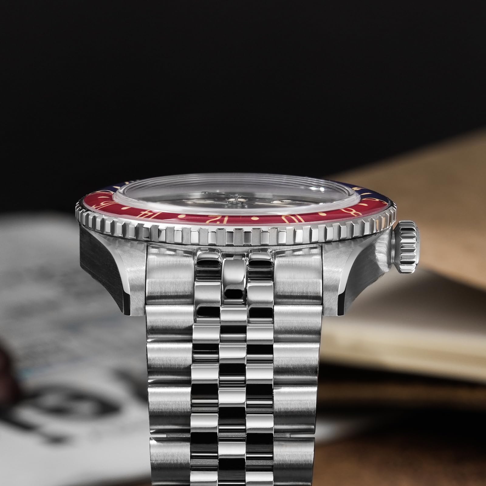watchdives GMT Uhren Für Männer, WD6542 Männer Uhr NH34 Automatische Armbanduhr 38mm Bubble Domed Saphirglas Uhren 100M Wasserdicht
