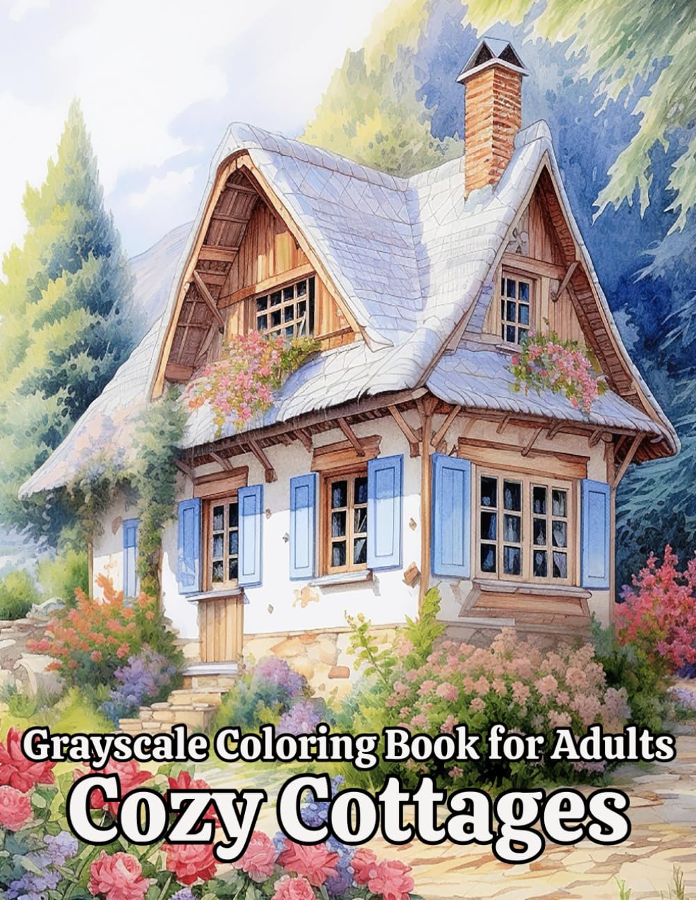 Grayscale Coloring Book for Adults: Cozy Cottages, 50 Beautiful Illustrations for Relaxation and Creativity, 8.5" x 11" Size