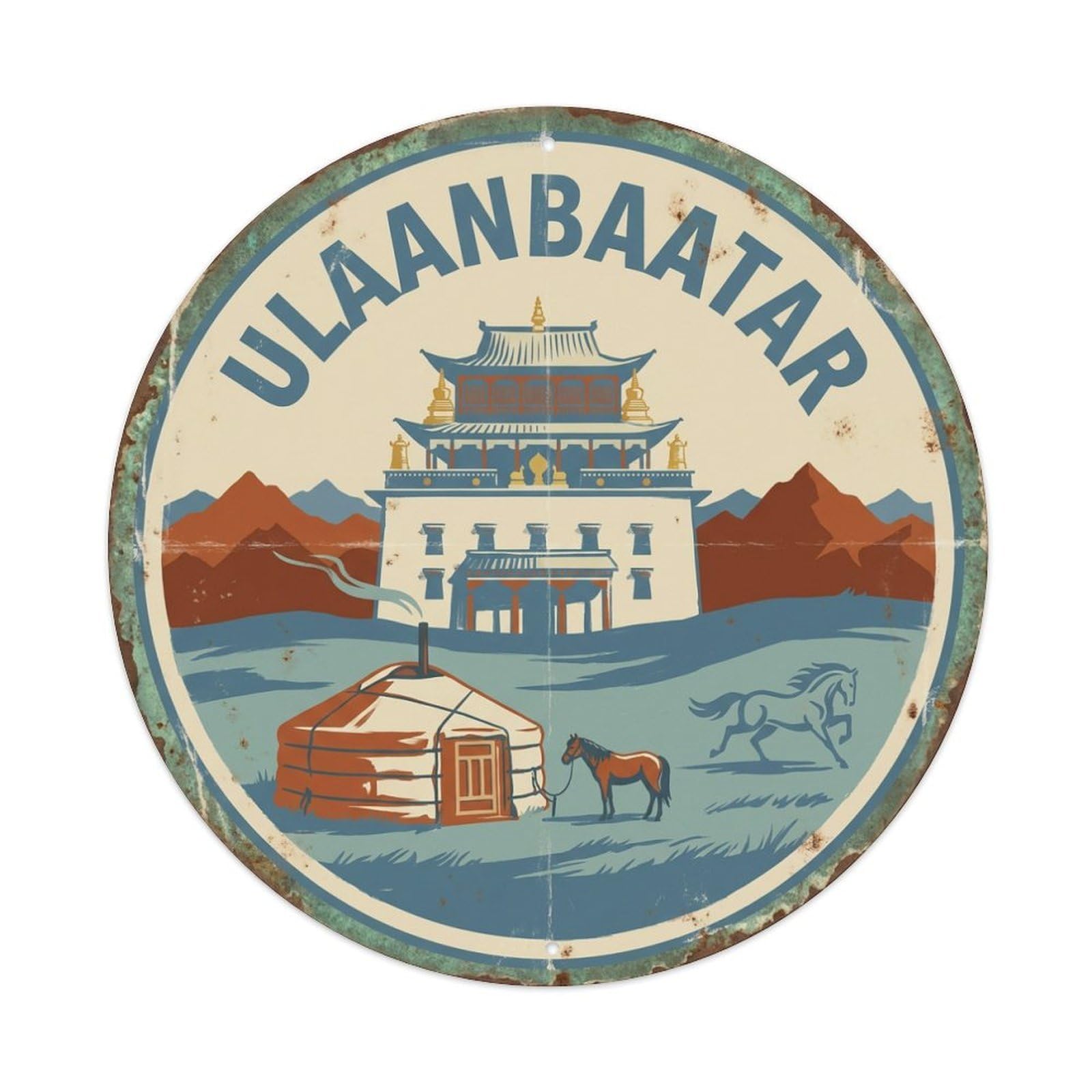 Vintage Travel Mongolia Ulaanbaatar Metal Tin Sign