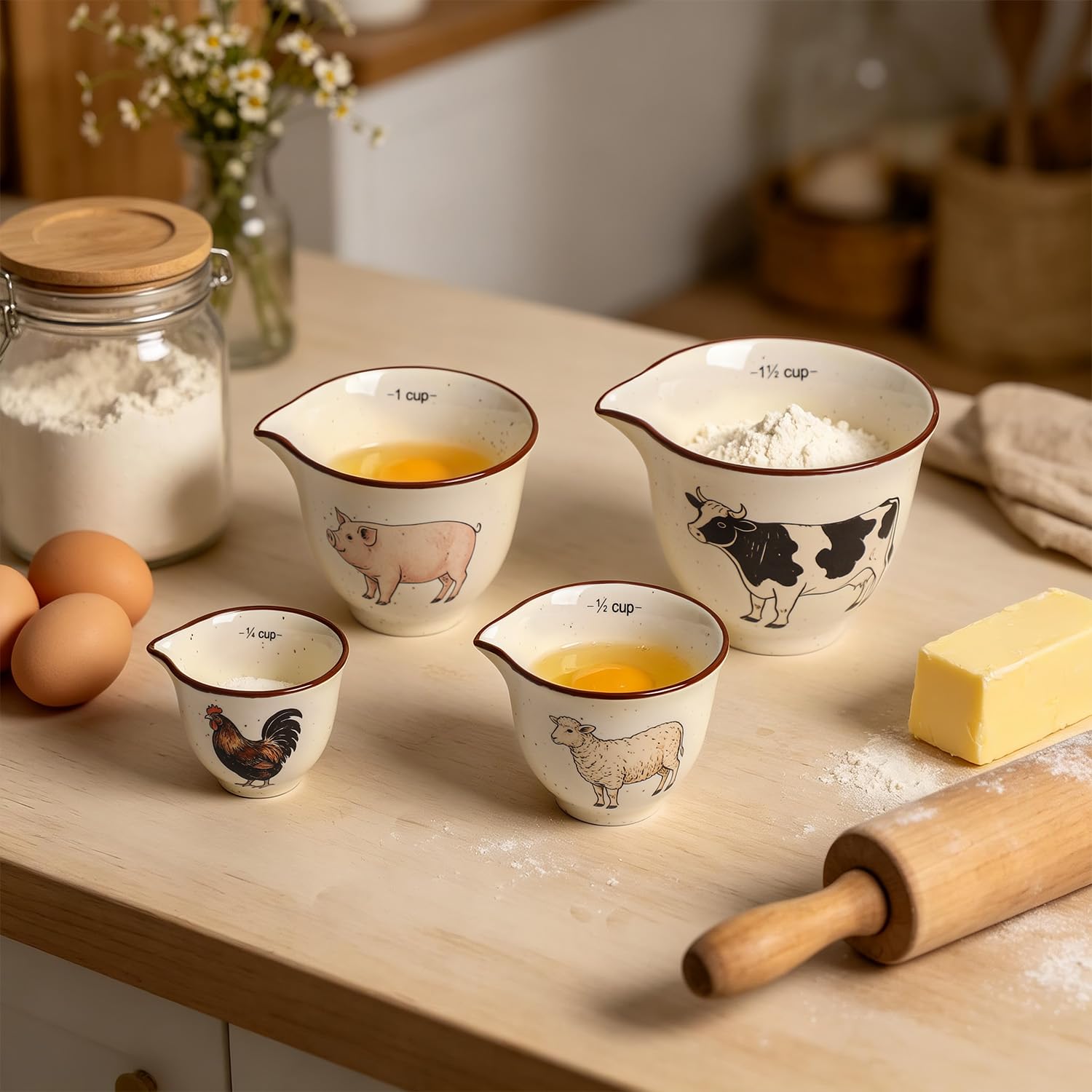 Sizikato Set di misurini in ceramica, 4 tazze in ceramica per cucinare e cuocere, simpatici motivi di animali