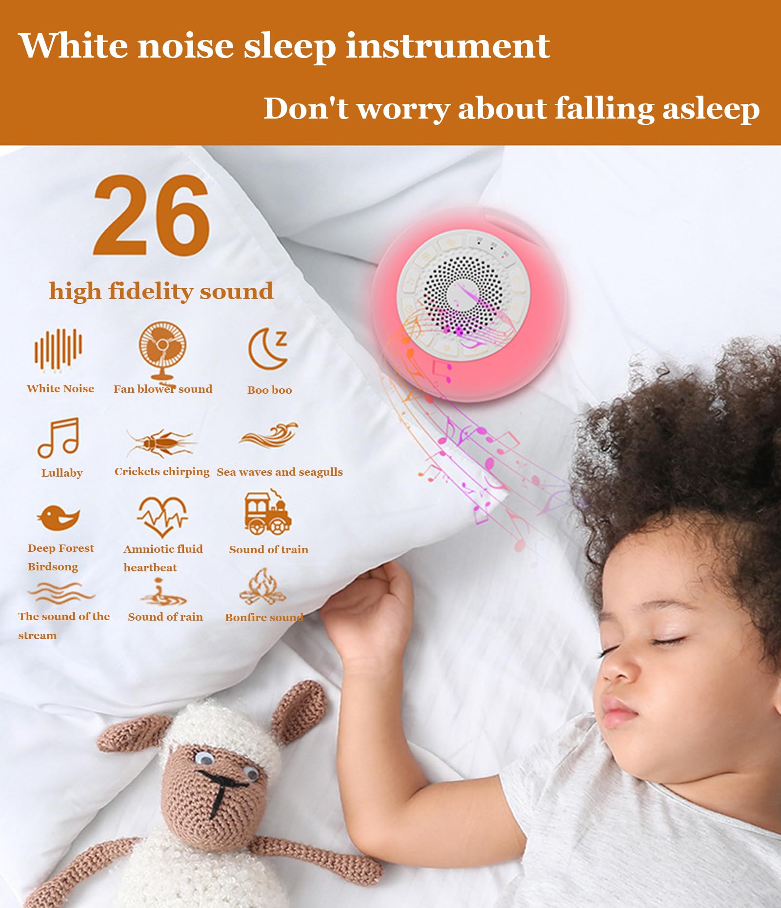 Máquina para Dormir con Ruido Blanco, 26 Sonidos relajantes, 7 Luces nocturnas, con Anillo Antideslizante y Recargable por USB, Terapia pequeña, para niños, Viajes y hogar.