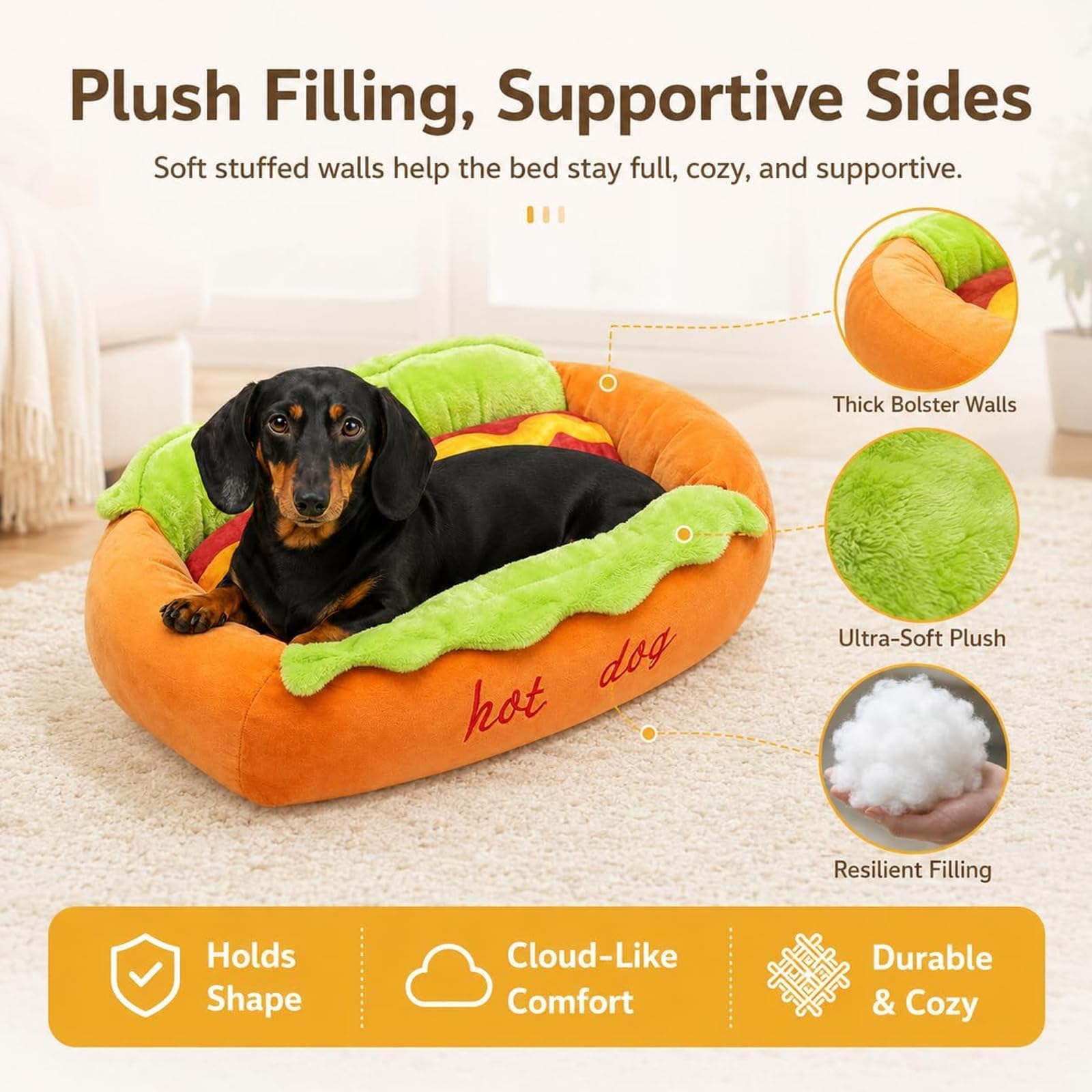 Genérico Cama para Perros «Hot Dog», con Un Divertido Diseño En Forma De Panecillo De Perrito Caliente, Sofá-Nido para Mascotas De Interior Fabricado En Microgamuza Y Pana Suave (1 Unidad L)