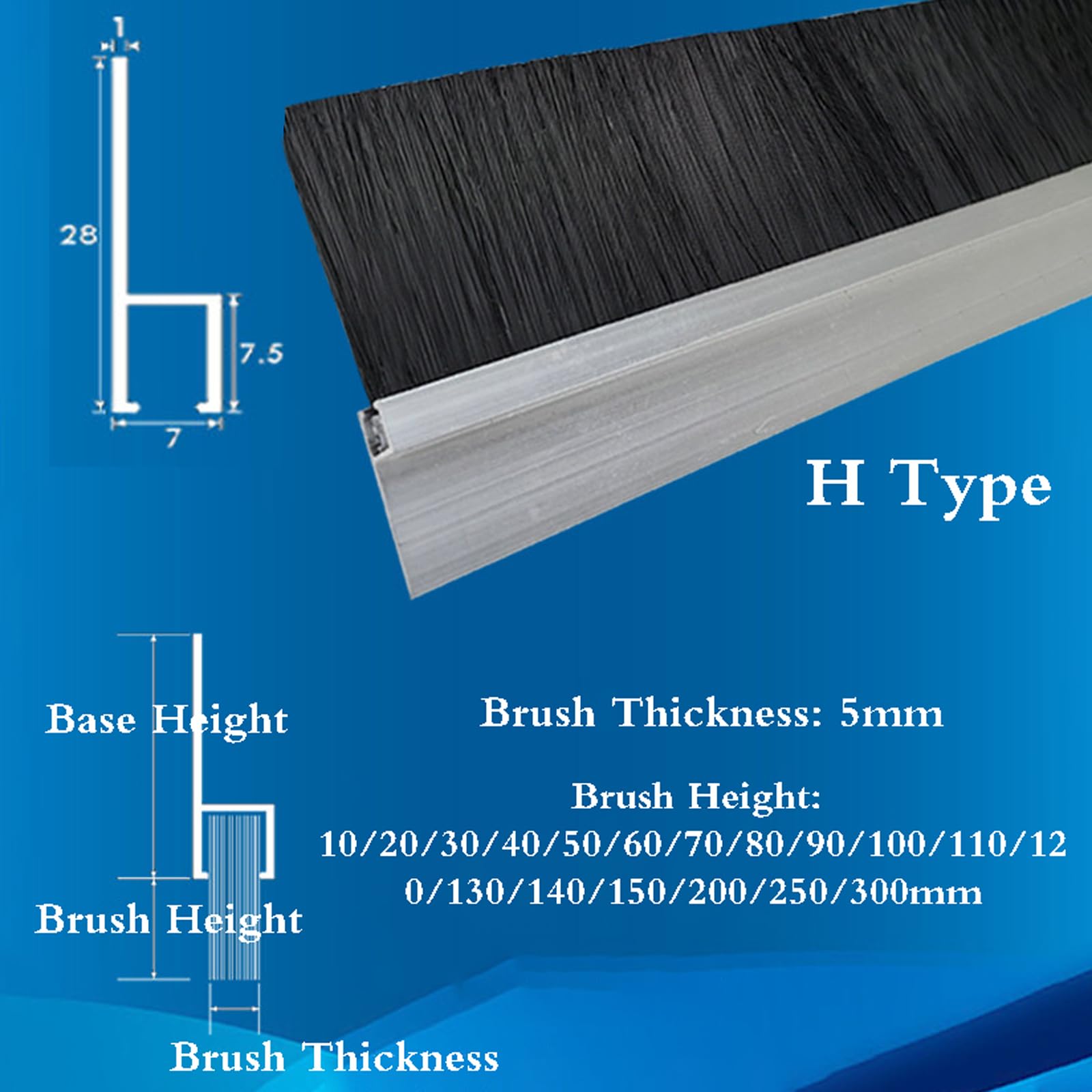 Uszczelka przeciwwiatrowa, Listwa szczotkowa do drzwi ze stopu aluminium, typ HFT, srebrna szczotka, wysokość 10-300 mm(Silver-f Type,250mm)