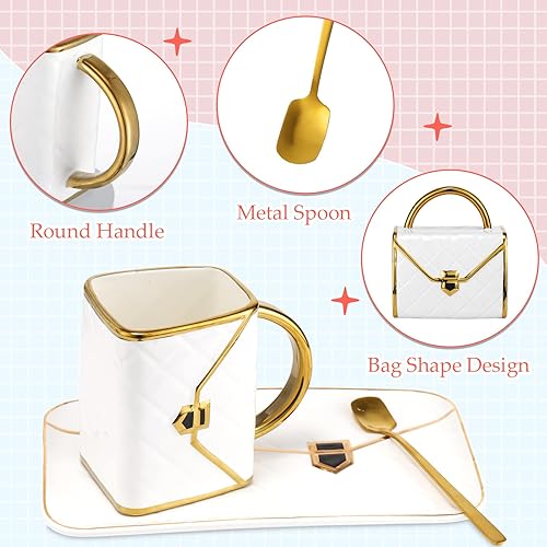 Miniatura 3 de Sliner Juego de 4 tazas de café con forma de bolso de té de cerámica con cuchara platillo de 10 onzas10.5 fl oz monedero taza de regalo para