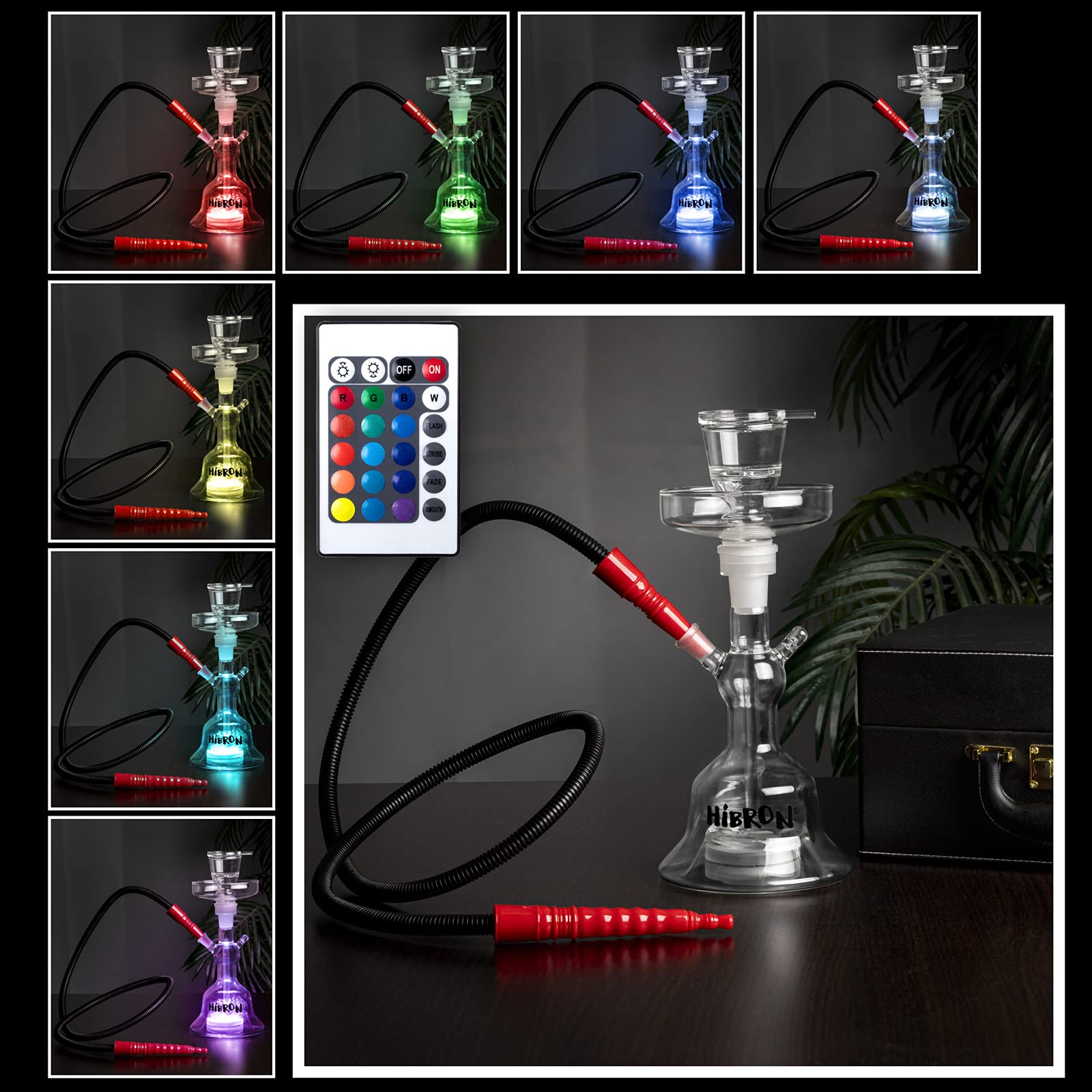 HIBRON Cachimba Buena Profesional 33cm Premium Kit Completo de Cristal Transparente, con 1 Manguera, Luz LED, Mando a distancia y Maletín.