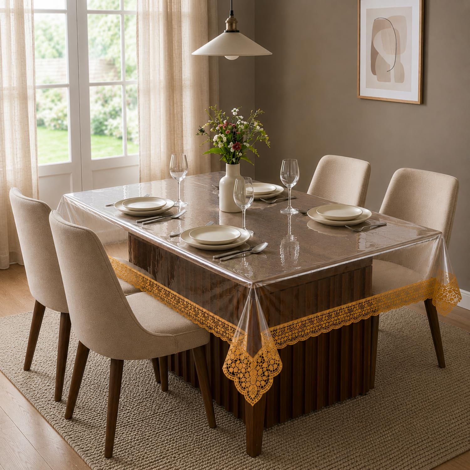 Premium High Thickness Transparent PVC Table Cover for 4 Seater Dining Table | 45 x 70 Inch Waterproof Table Protector Sheet with Elegant Golden Lace Border | Crystal Clear, Oil & Scratch Resistant |-image-24