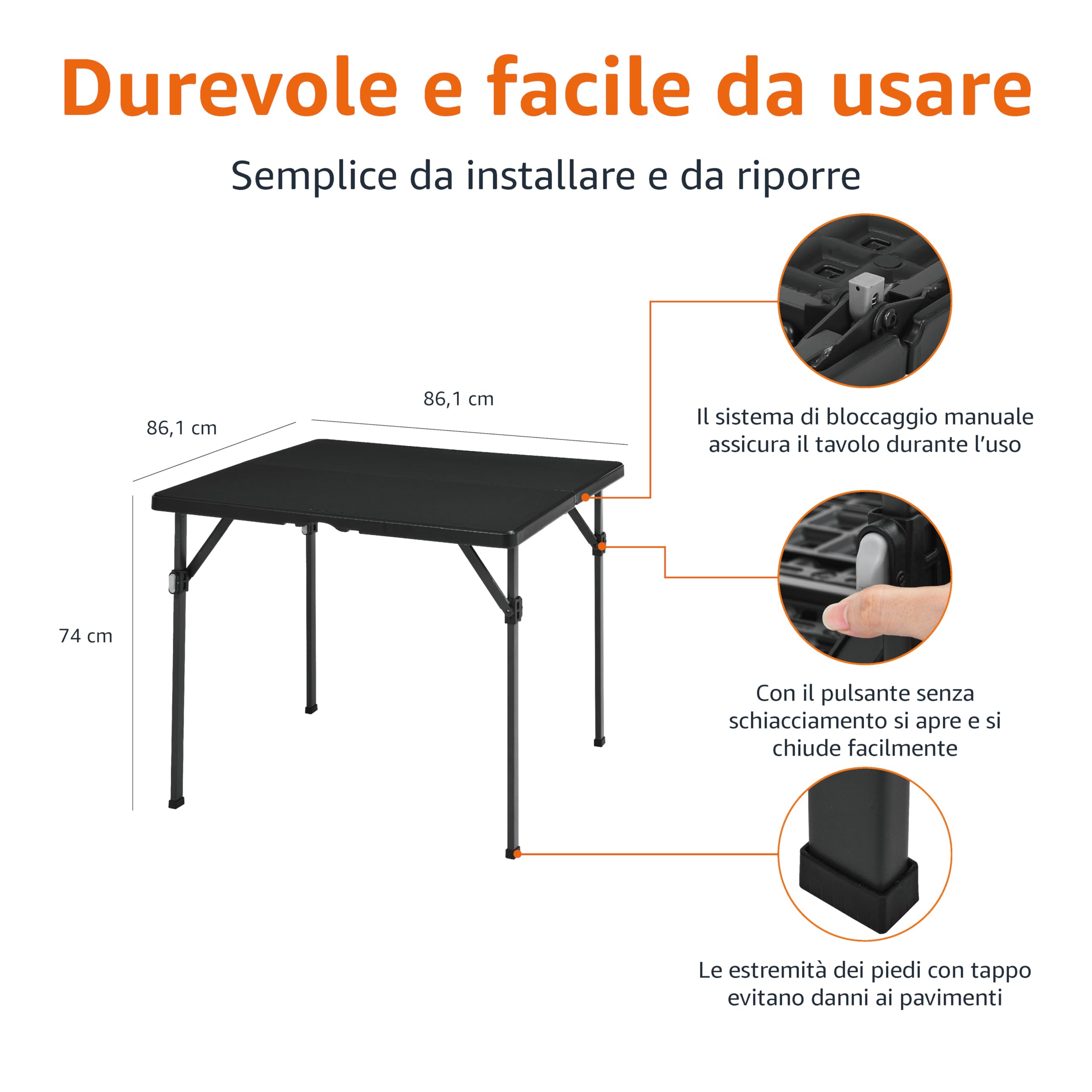 Amazon Basics Tavolo da pranzo pieghevole quadrato con maniglia per il trasporto, per interni ed esterni, portatile, leggero, da viaggio, picnic, campeggio, nero, 86.1 x 86.1 x 74 cm