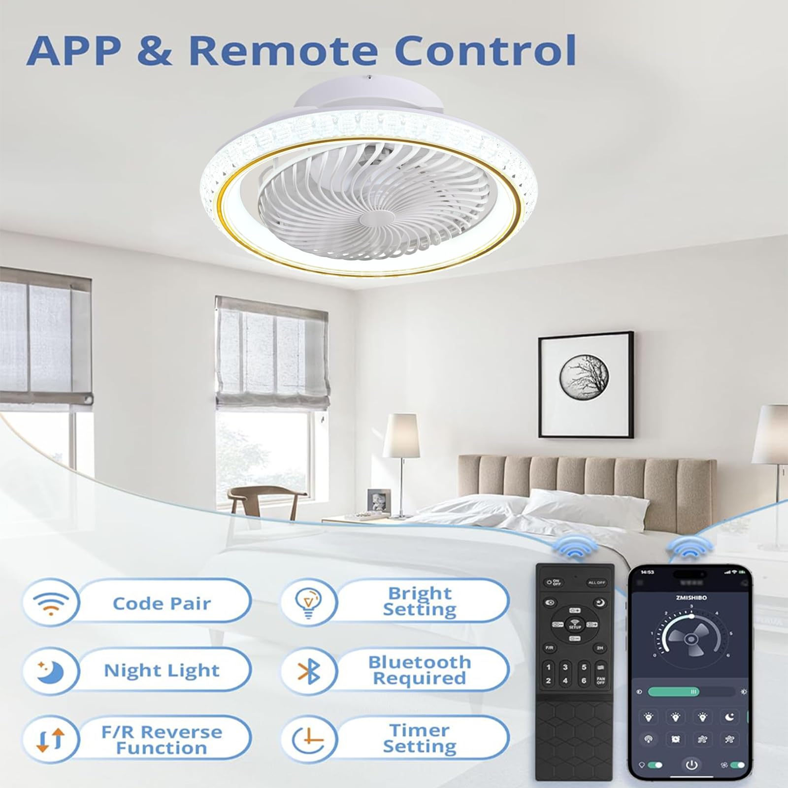 Ventilateur Plafond 49cm avec Lumiere et Télécommande, Silencieux, Rotatif 360°, 6 Vitesses, Dimmable LED 3000-6500K
