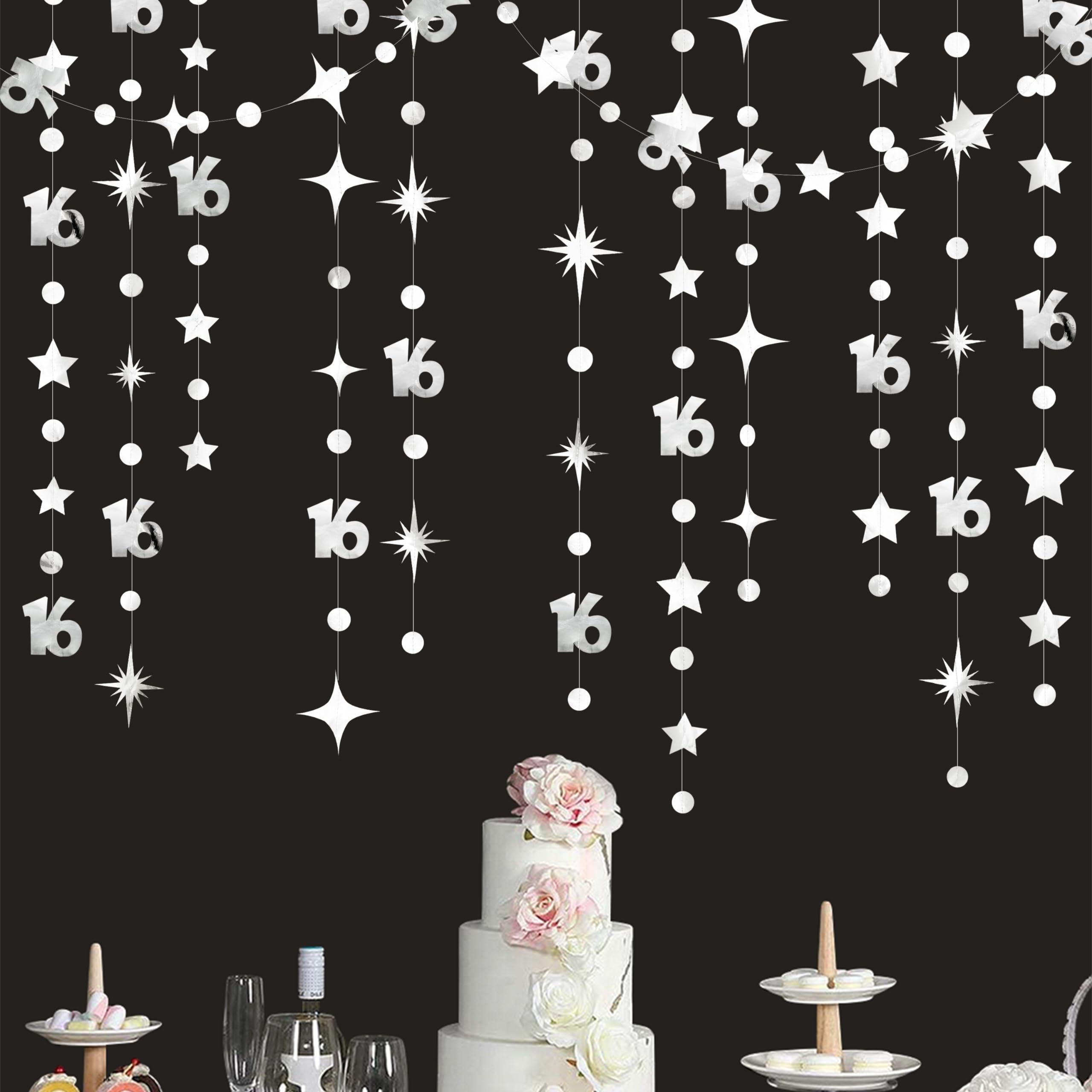 Silver 16th Birthday Decorations Number 16 Circle Dot Twinkle Star Garland Metallic Banner Backdrop for Girls Boys Happy 16th Birthday Sweet Sixteen
