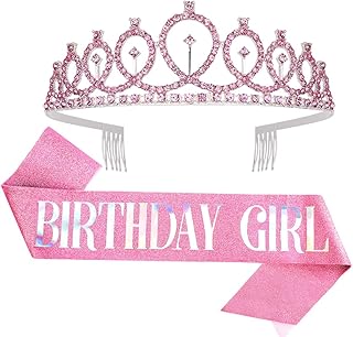 Birthday Crown, Didder Pink Birthday Girl Sash & Rhinestone Tiara Set, Birthday Tiara Birthday Crowns for Women Birthday Sash and Tiaras for Women Girls Birthday Gifts Party Accessories
