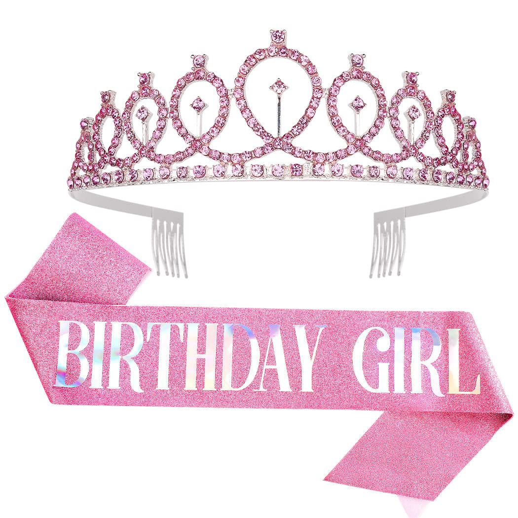 Didder Pink Birthday Crown & Sash Set - Tiara, Sash & Crown for Women & Girls - Party Accessories