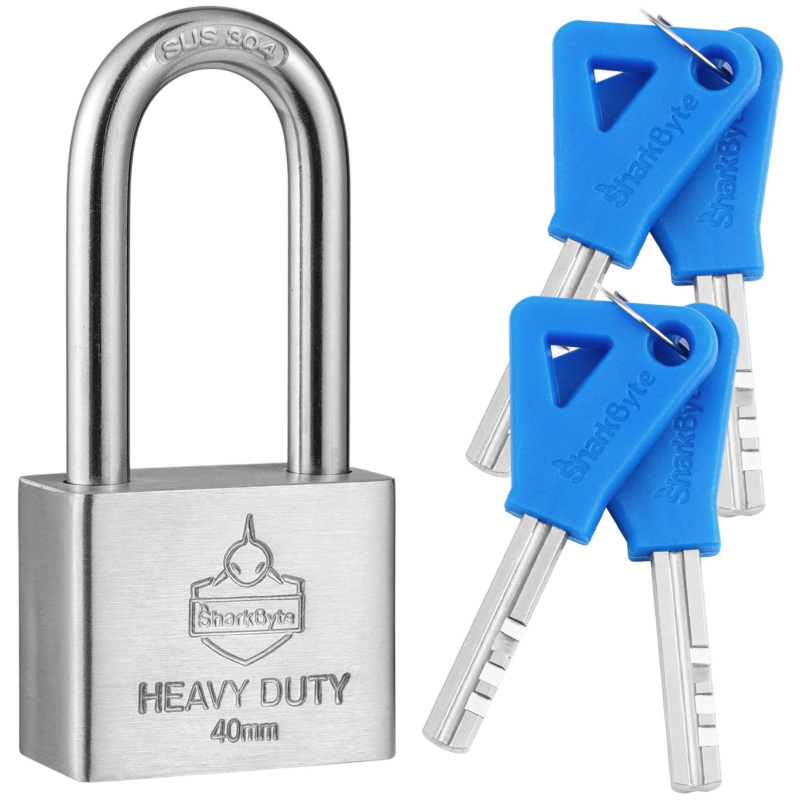 Sharkbyte [Never Rust] 40Mm Long Shackle Stainless Steel Padlock With 4 Keys, Waterproof Outdoor Weatherproof Lock, Hardened Body & Mechanism, Ideal For Gate, Shed, Garage, Chain & Storage Units Etc