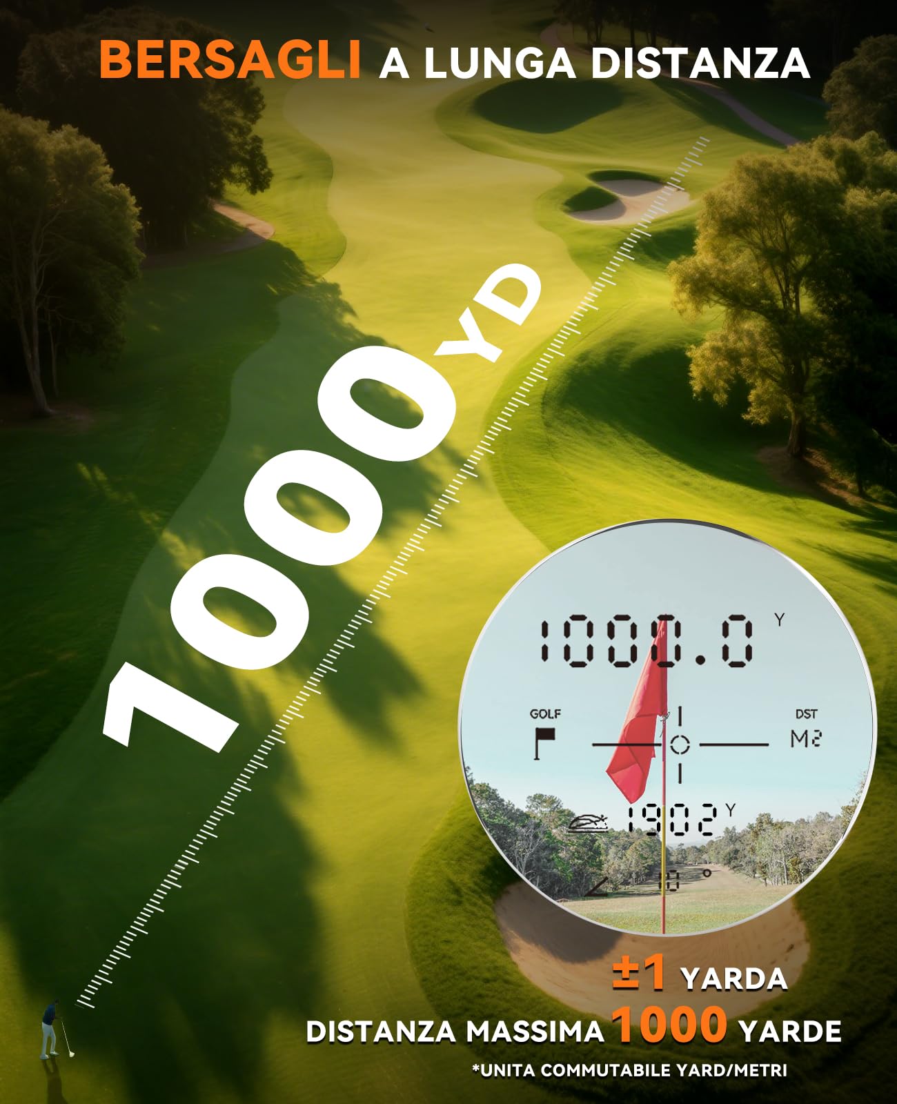 SUNPOW Telemetro Laser 7X Alta Precisione per Golf e Caccia, 1200 Iarde / 1000 Metri, con Pendenza, 5 Modalità, Blocco Asta Bandiera, Vibrazione e Batteria Ricaricabile