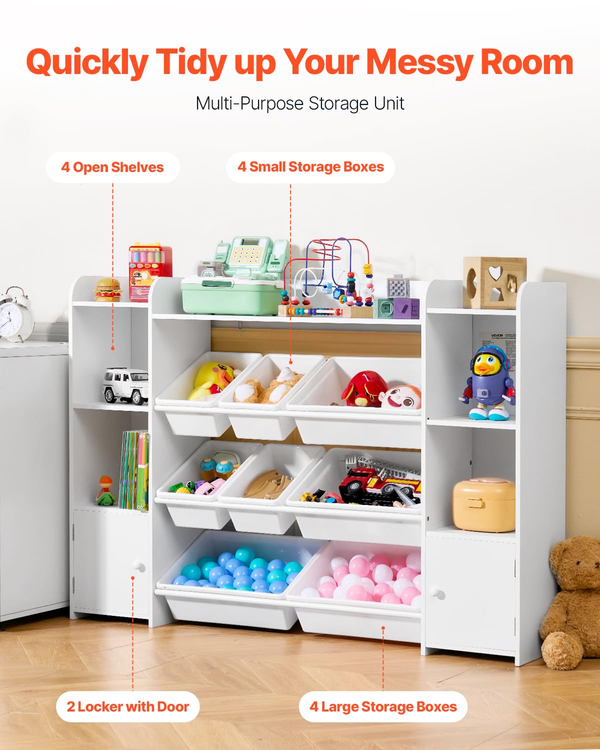 VEVOR Meuble de Rangement Jouets Enfant à 4 Niveaux avec bibliothèque, Grande étagère d'organisateur de Jouets avec 8 bacs en Plastique Flexibles, pour Salle d'étude, Chambre, Salle de Jeux, Blanc