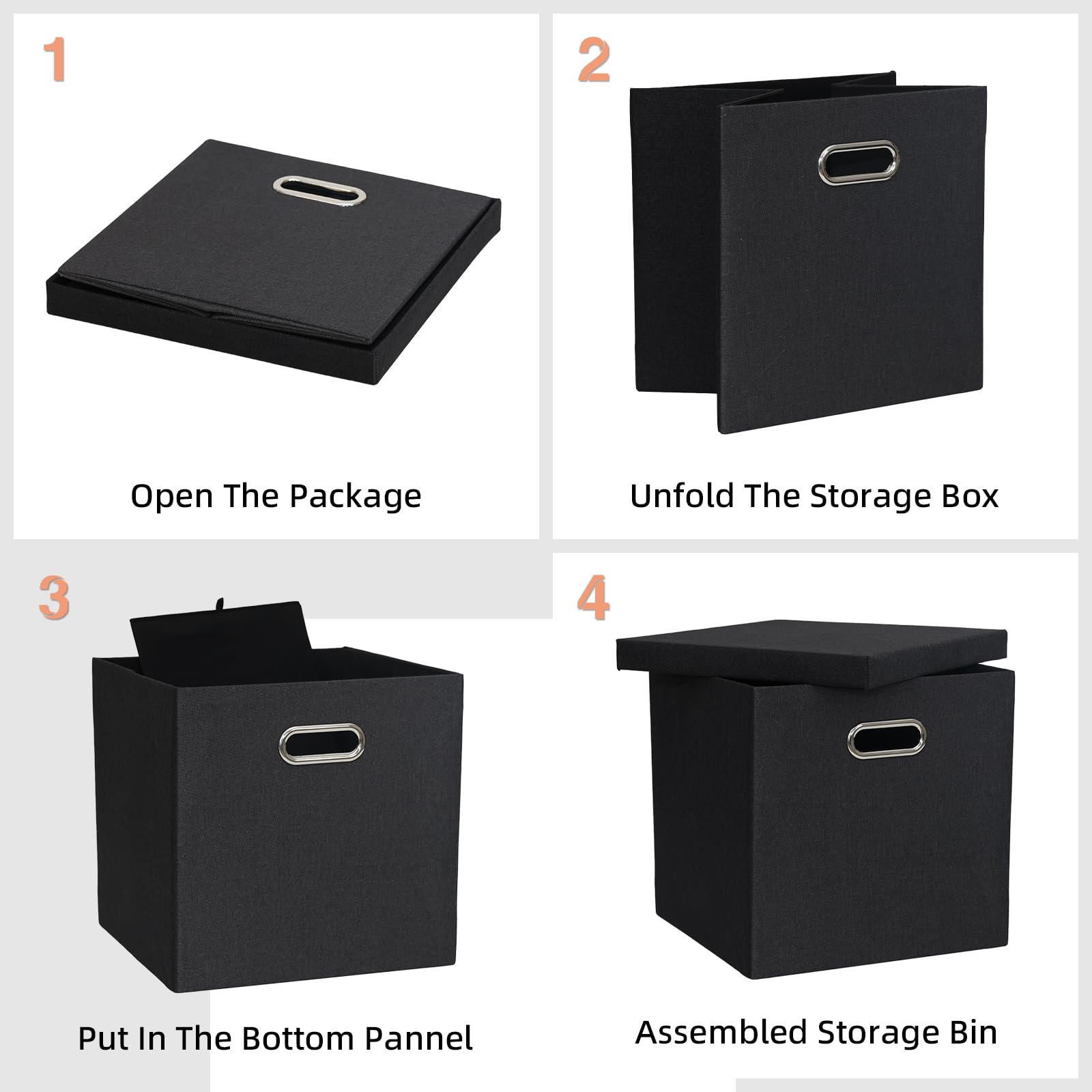 Aufbewahrungsbehälter mit Deckel, Leinen Stoff Boxen Organizer Container mit Deckel faltbare Lagerung Box Korb für Schrank, Regale, Haus, Büro, 30,5 x 30,5 x 30,5 cm, 4 Stück, schwarz