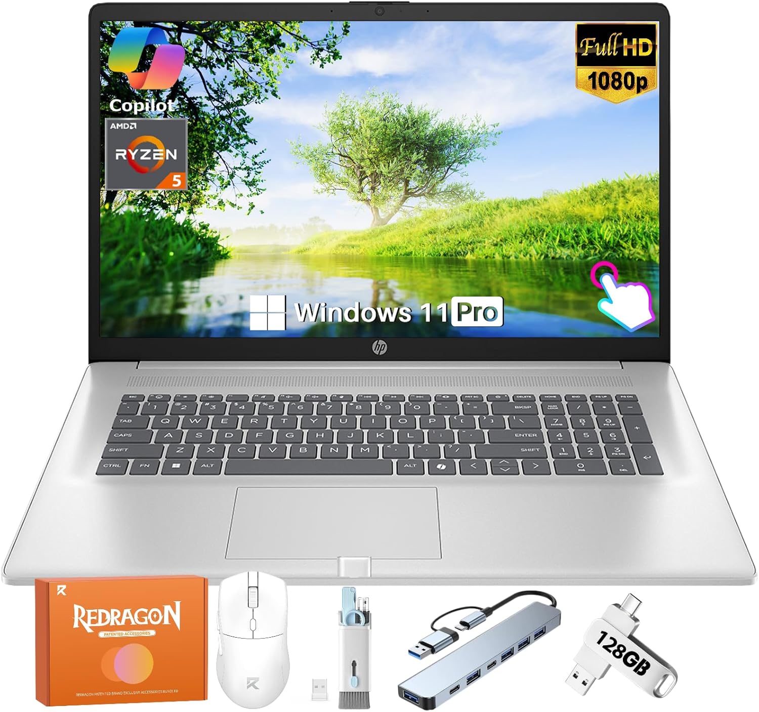 HP 2026 17.3 Inch Touchscreen Laptop, AMD 12-Threads Ryzen 5 7430U(up to 4.3 Ghz), 16 GB RAM, 1 TB SSD, HD+ Anti-Glare Display, Copilot-AI, Wi-Fi 6, Win 11 Pro, for Business & Student, w/Accessories