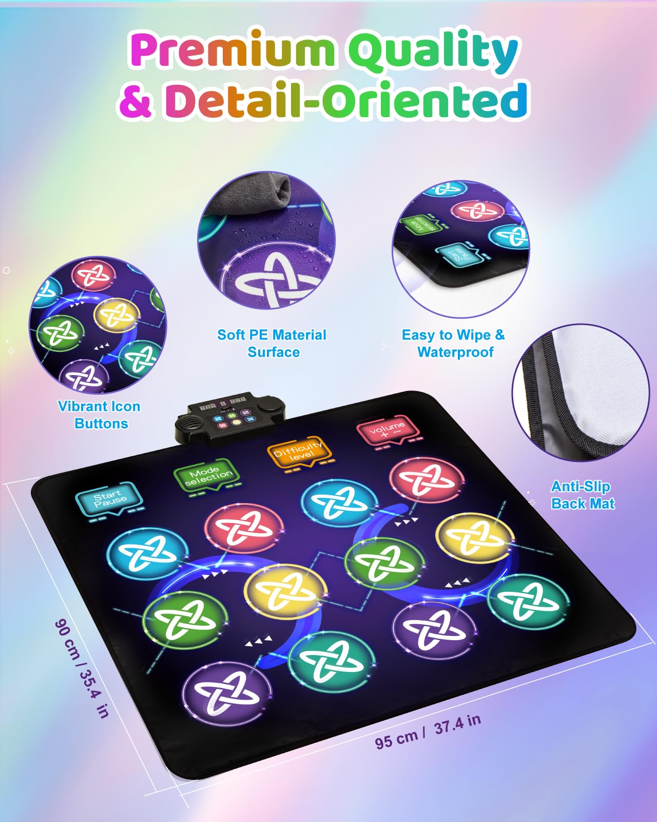 Tapete de baile para niños, almohadilla de baile de 12 botones con luz LED con volumen ajustable, música integrada, modo de 1 jugador y 2 jugadores, 8 modos de desafío y 3 niveles de 5