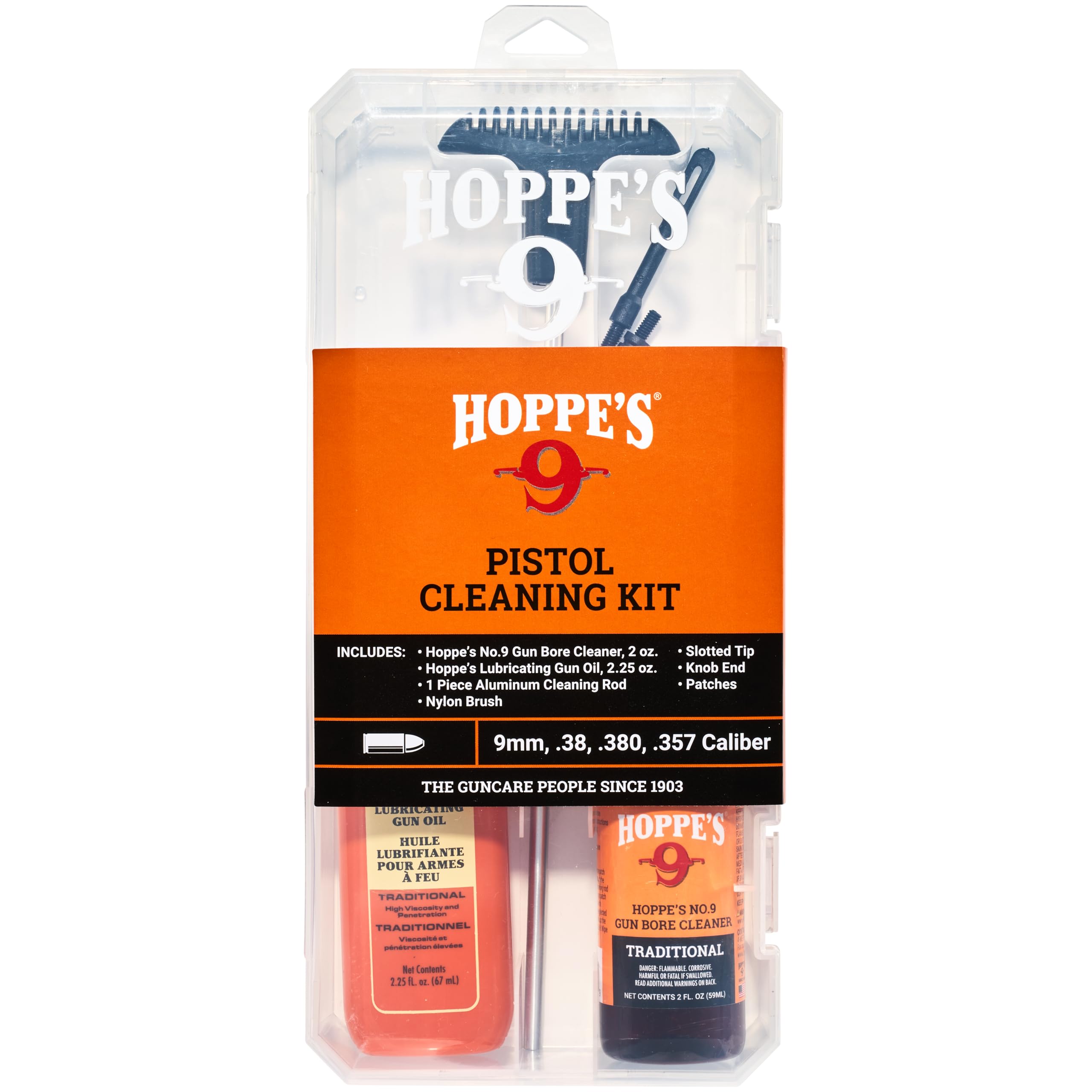 Hoppe's No. 9 Cleaning Kit with Aluminum Rod, .38/.357 Caliber, 9mm Pistol,orange