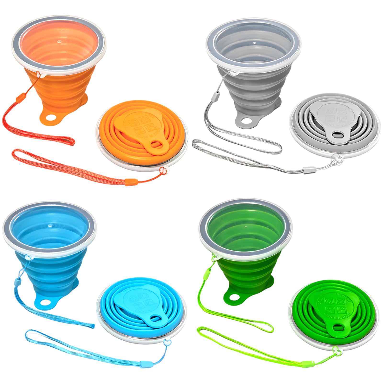 4 gobelets pliables en silicone, avec couvercles, gobelet portable, mugs de voyage extensibles de poche pour voyage, camping, rinçage buccal, gris, vert, orange, bleu