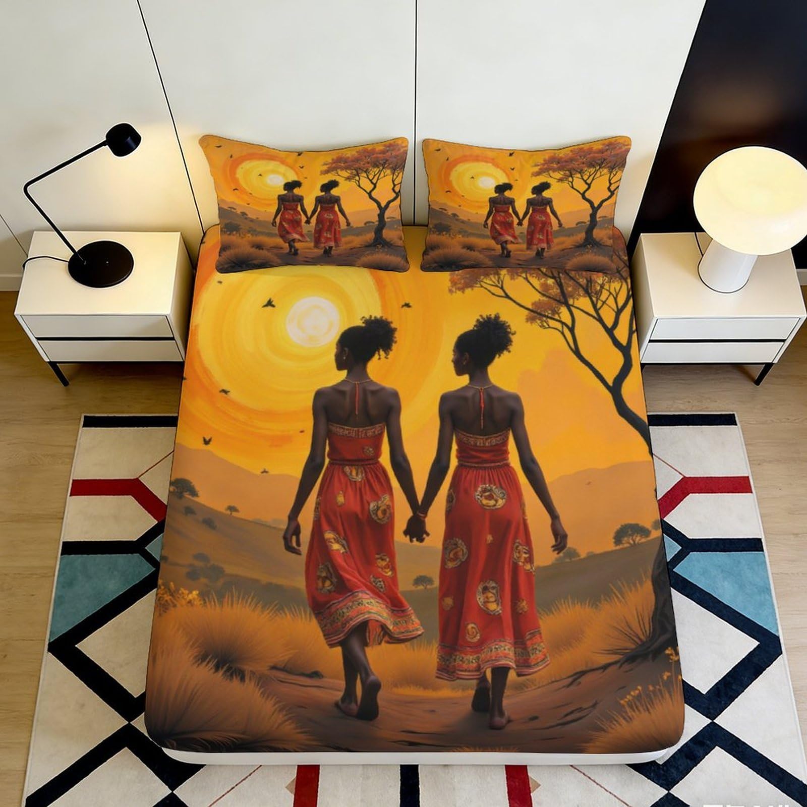 Pnayamiorkfel Style-4 3D Printed African Sunset Fitted Sheet Microfiber Soft Artistic Sisters Bed Cover For Bedroom Dorm Decor 90X200x25cm