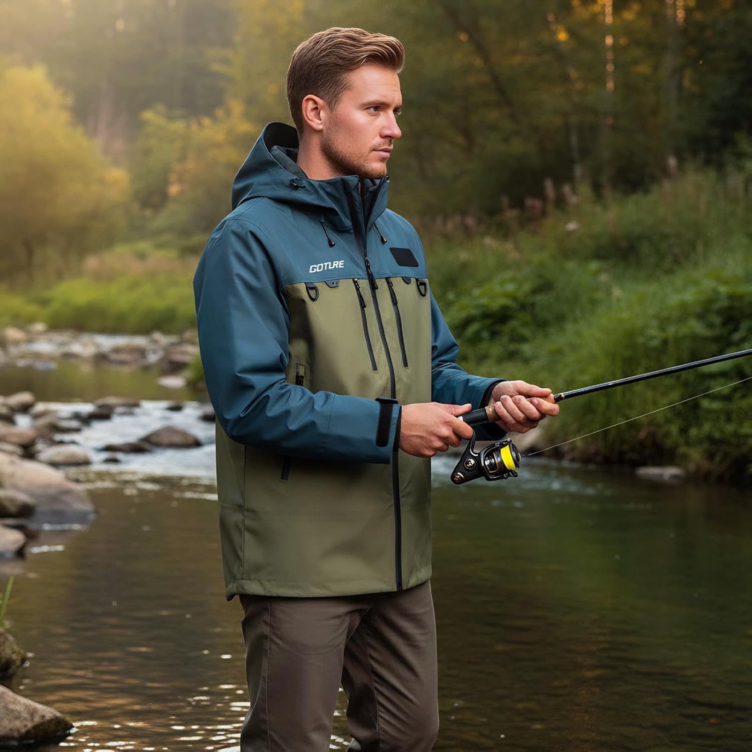 Goture Fliegenfischerweste Fliegenfischen Waten Jacke - Wasserdicht 15.000 mm & Atmungsaktiv mit Brusttaschen, Verstellbarer Kapuze, Handwärmetaschen für Angeln, Jagd, Outdoor Männer und Frauen