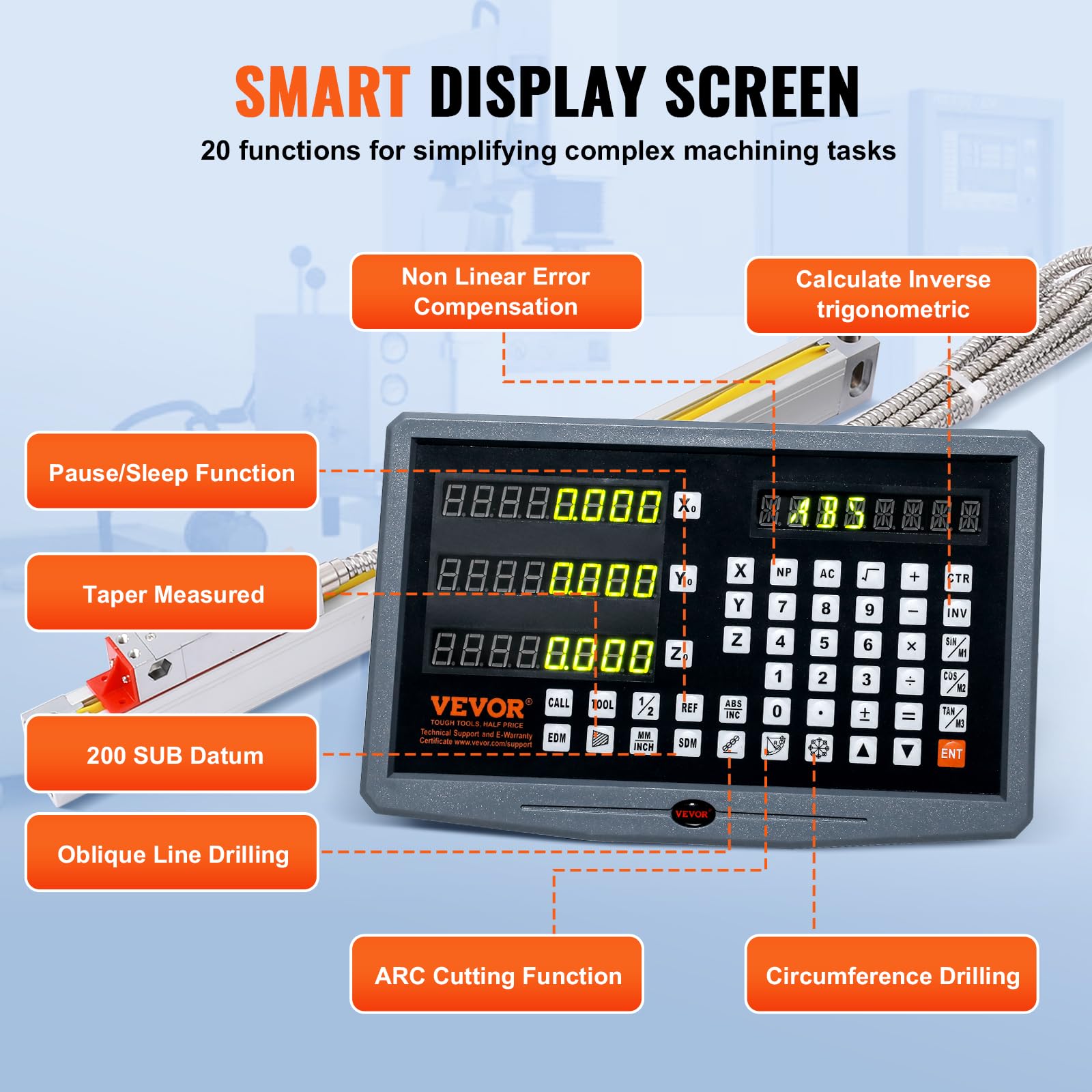 VEVOR Display digitale, 250, 500, 600 mm, scala lineare a 3 assi DRO asta di supporto portacoltelli piastra cavo di alimentazione supporto dell'orologio pezzo a farfalla vite coperchio righello