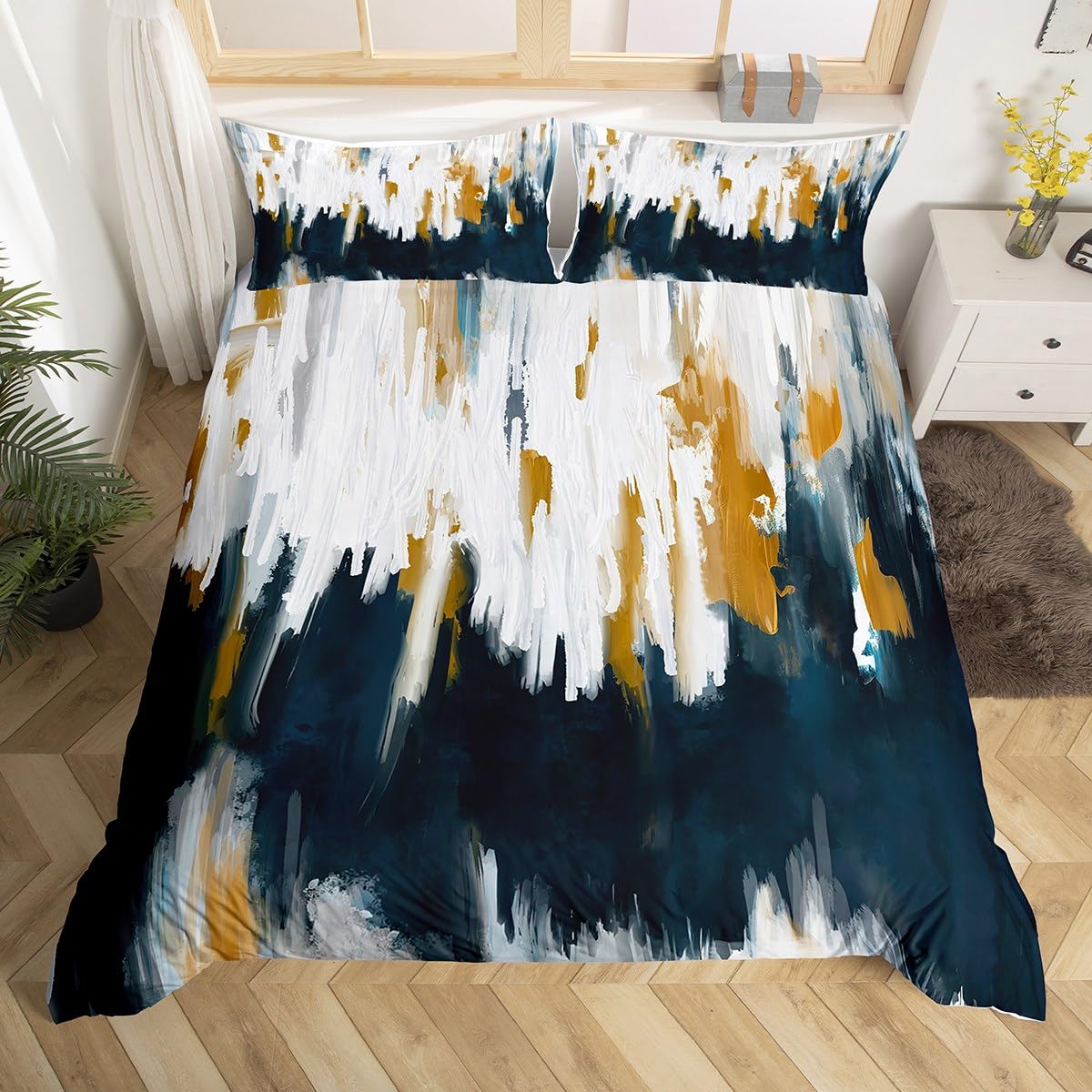 Homewish Gray Blue Bed Set Gradient Stripe Duvet Cover Single, Modern Oil Painting Graffiti Bedding Set Watercolor Abstract Artwork Comforter Cover, Aesthetic Chic Vintage Bed Cover Lightweight โ image 1
