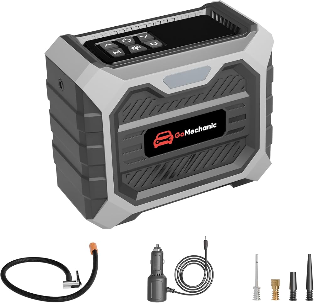GoMechanic Tyre Inflator for Car and Bike | Works with Both DC Port & Battery Operation | 150 PSI | 3 x 1800mAh Batteries...