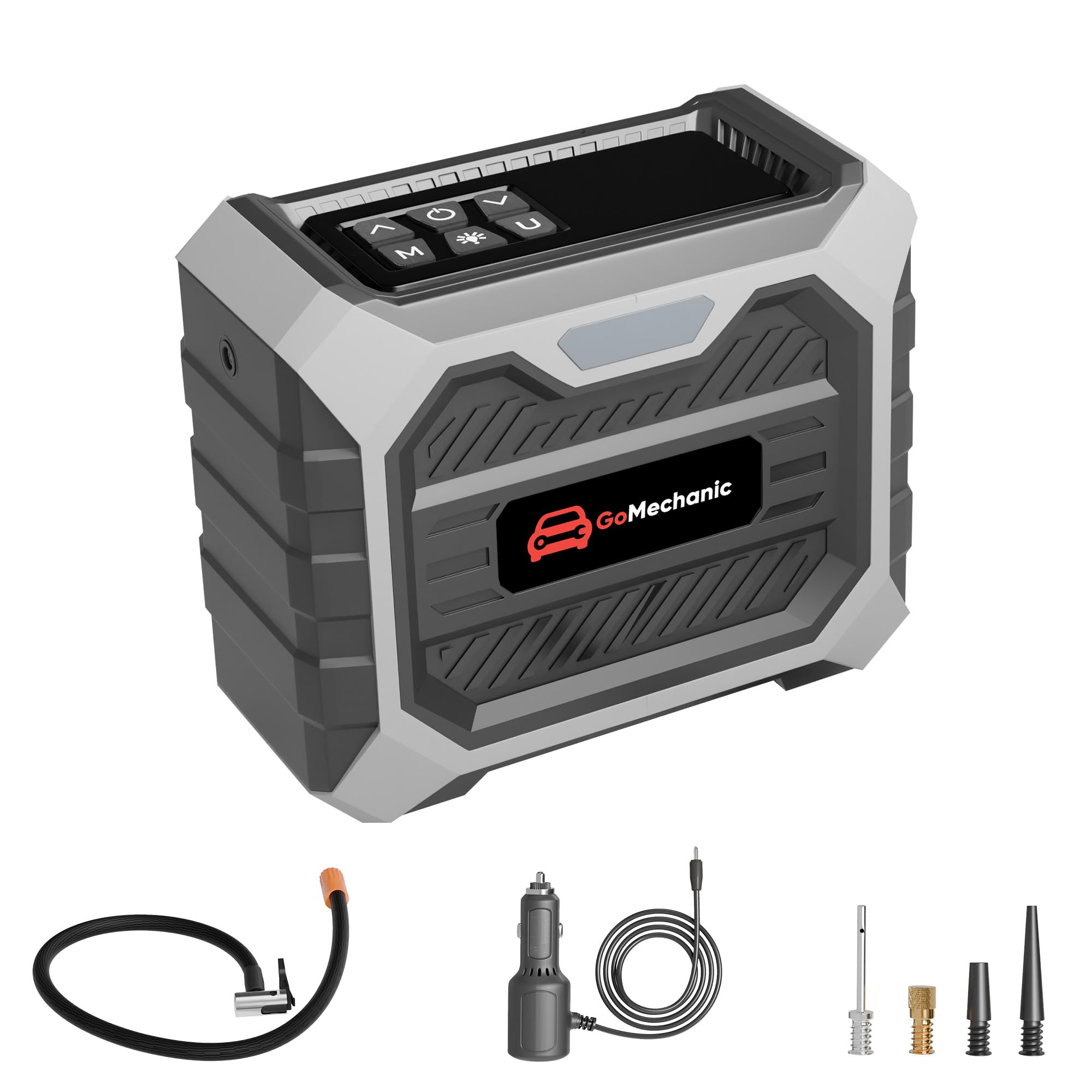 GoMechanic Tyre Inflator for Car and Bike | Works with Both DC Port & Battery Operation | 150 PSI | 3 x 1800mAh Batteries | Rechargeable 12V DC | Multi-Nozzle Function | Digital Display & LED Light-image-46