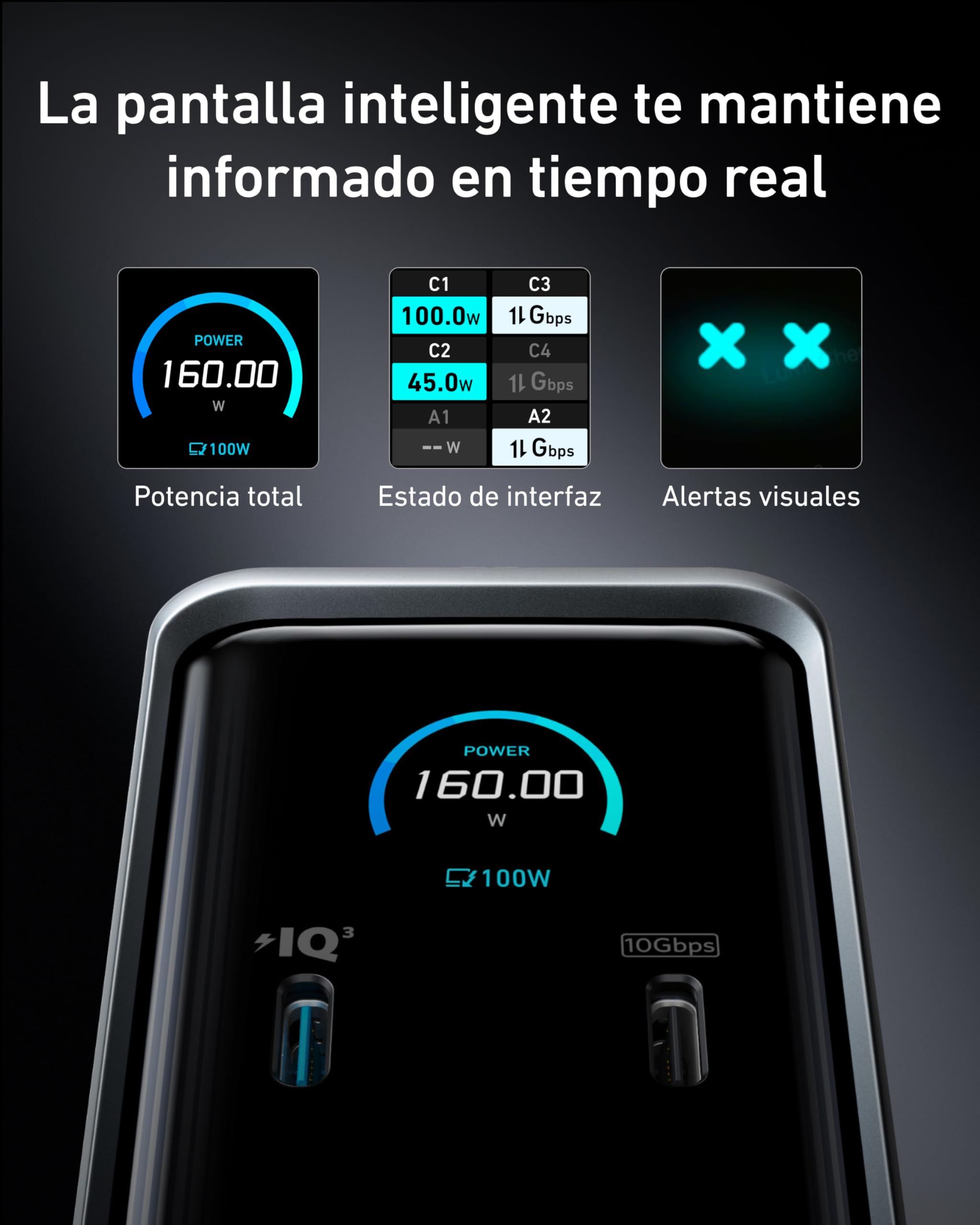 Anker Prime Docking Station 160W, 3 puertos USB-C, 100 W máx. cada uno, 1 puerto USB-A a 12 W máx. , transferencia de datos rápida de 10 Gbps, puertos de audio y Ethernet, pantallas duales 4K | 3 USB C de hasta 100 W, 1 USB A de 12 W, audio y Ethernet