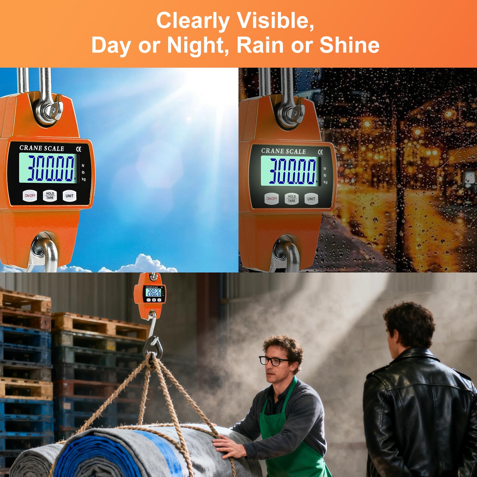EFUTURETIME Hängewaage Digital 300KG, Kranwaage Präzision Portabilität aus Aluminium, Wildwaage Hakenwaage für Jagd, Angeln, Bauernhof, Fabrik, Wharf-Wiegen, Stahlrohstoffe, Orange