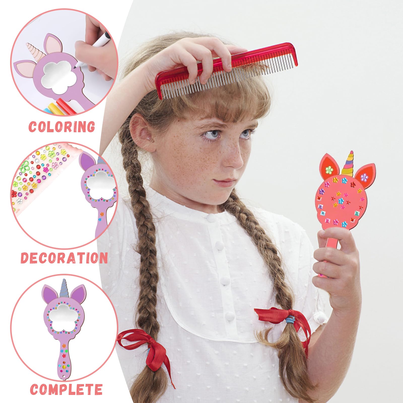12Pcs Specchio in Legno Fai da Te Unicorno, Kit Pittura con Mini Specchio a Mano per Bambini - Regalo di Compleanno e Festa