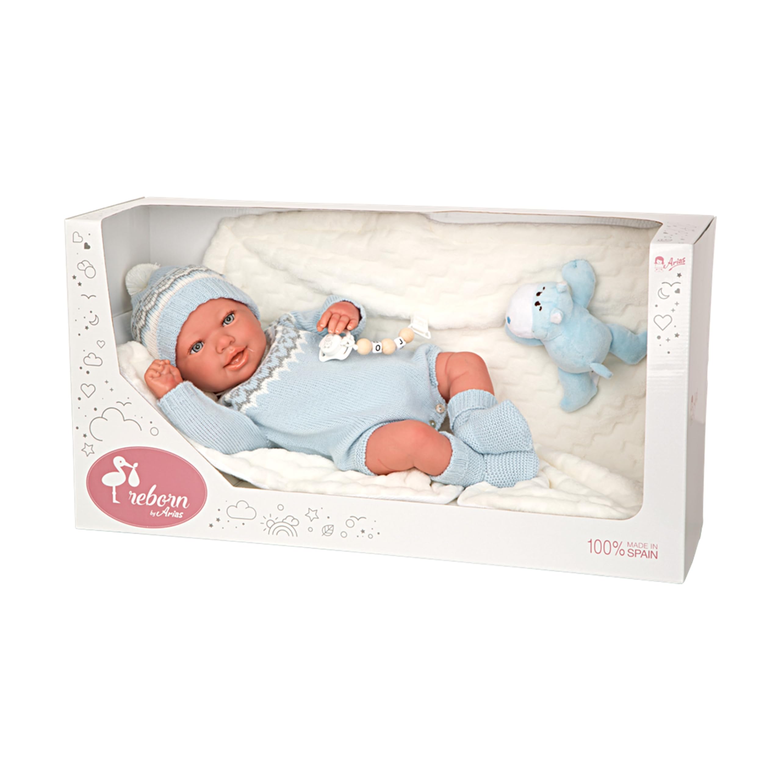 ARIAS - Muñeca Reborn Ibai de 45 cm con Manta y Peluche, Bebé Realista con Ropita Azul, Chupete y Chupetero, Extremidades de Vinyl y Cuerpo Blando, Juguete para Niños y Niñas Desde +3 años (ARI98153)
