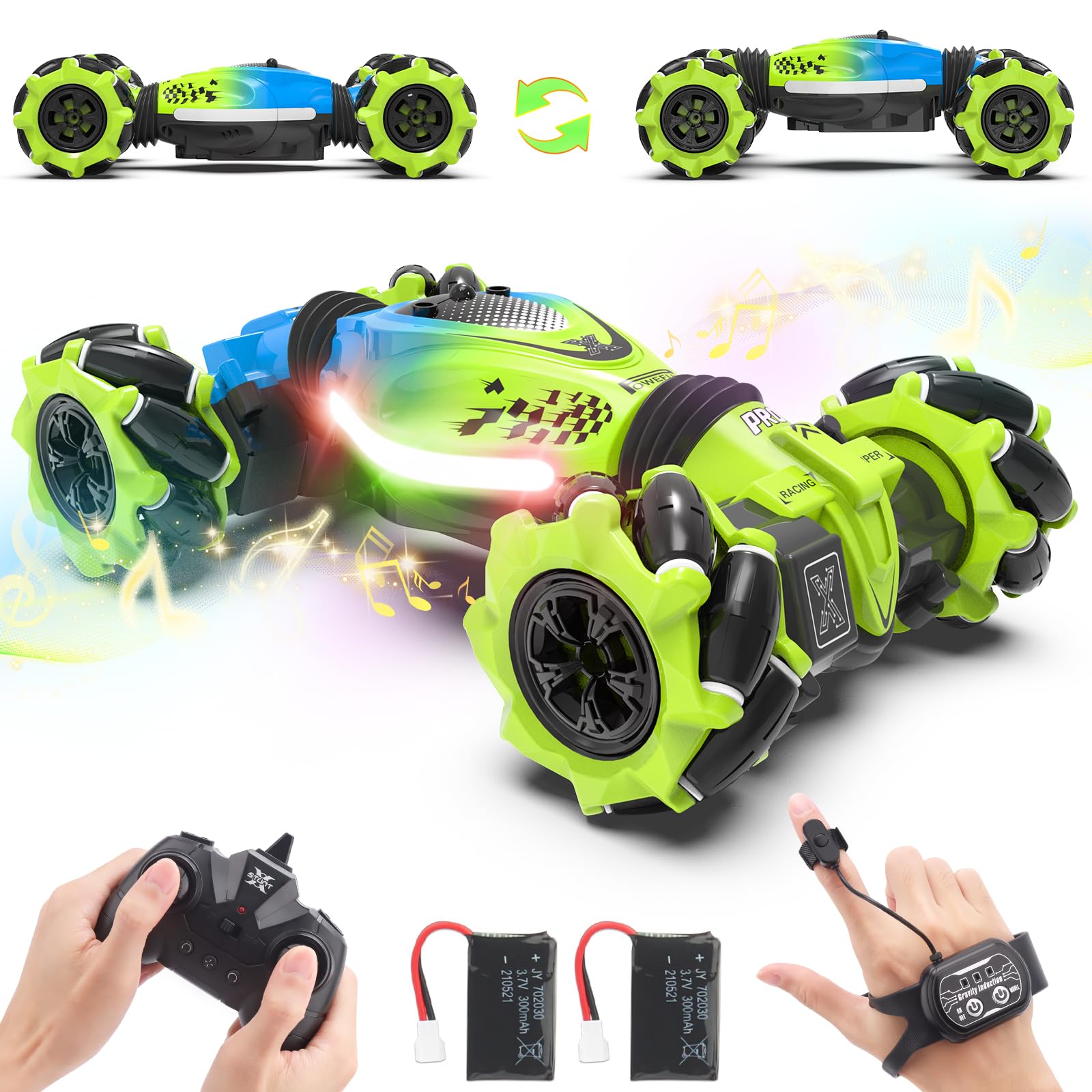 Dysaim Coche Teledirigido para Niños RC Stunt Car Coches Telecomandado con Mando a Distancia 2,4 GHz 4WD 360 ° Crawler Offroad RC Drift Auto 2 Batería Música Navidad Regalo para 6-12 Años
