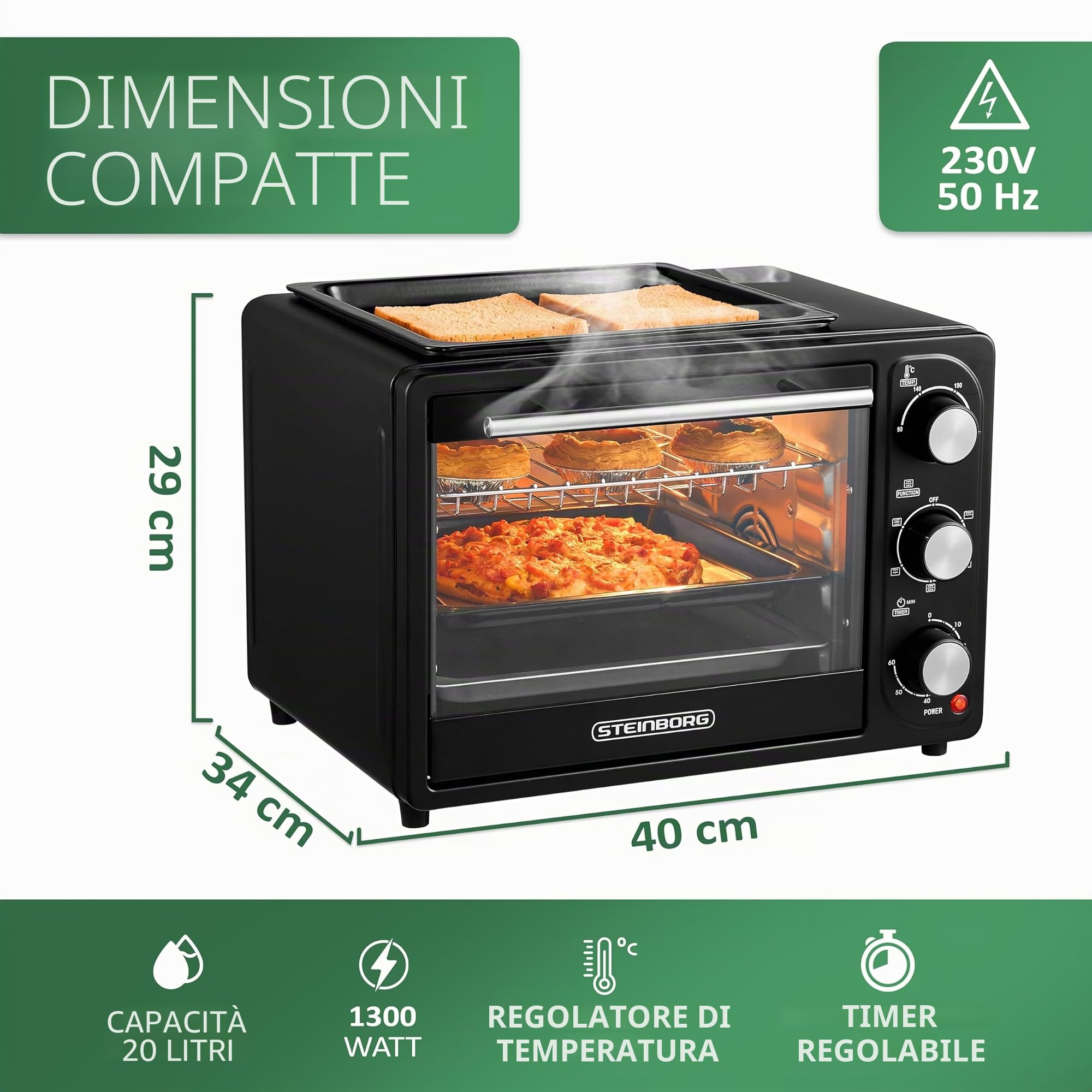 Mini forno, 9 litri, sportello con doppio vetro, Timer