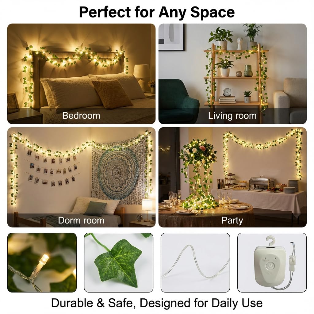 Luces de Hadas con Hojas,Luces LED de Hiedra Artificial, guirnalda de hiedra falsa de 3M con 30 LED, batería con 8 modos temporizador, USB para interiores, decoración para bodas fiestas