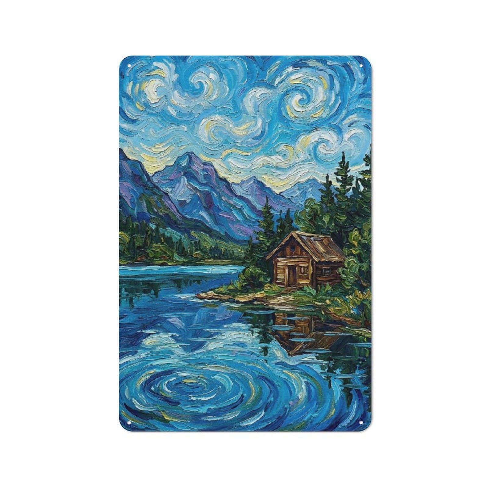 Junmoney Style-13 Cabin By The Lake Painting Shop Front Style Metal Wall Decor 30X20cm, Bistro Metal Sign For Takeaway, Bar, Kitchen Or Counter Area