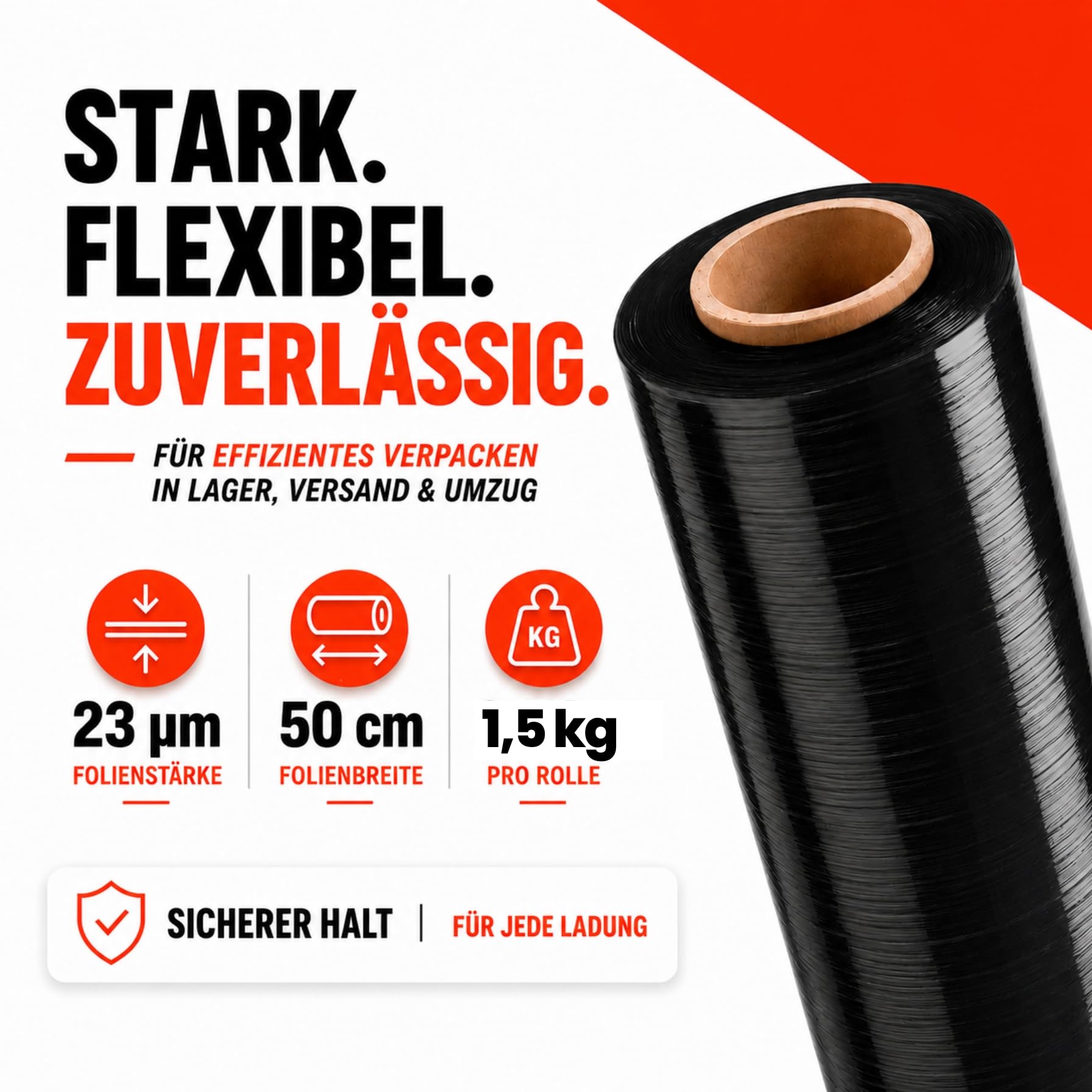 6 x Stretchfolie 50cm 1,5 kg 23my (schwarz) Wickelfolie, Packfolie, Folie für Möbel und Umzug