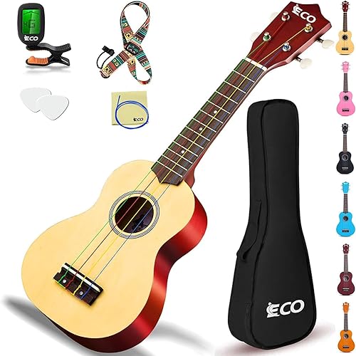 iECO Soprano Ukulele Beginner Kit for Kids Adults 21 Inch Ukelele w/Case Strap Tuner Strings Picks (Natural)