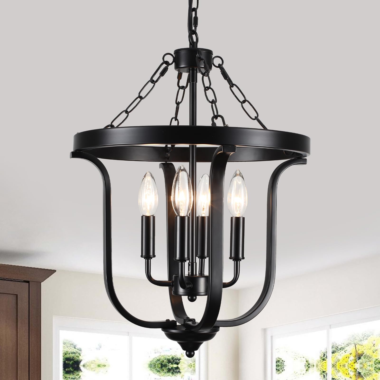Farmhouse 4-Light Cage Chandelier 14.5" Black Rustic Chandelier for Dining Room Adjustable Pendant Light Fixture for Kitchen Island Entryway Foyer Bedroom Hallway