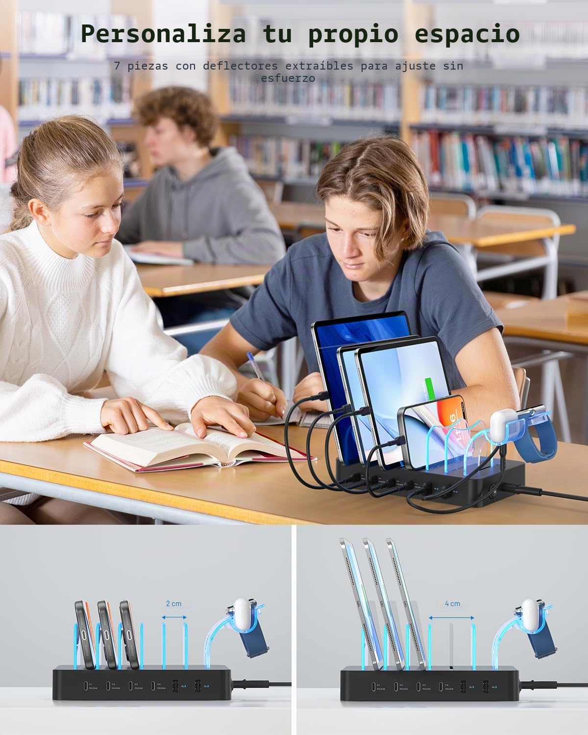SooPii Estación de Carga de 90 W para múltiples Dispositivos, estación de Carga multiUSB C de 6 Puertos con 6 Cables Cortos Mixtos, Base de Carga PD de 20 W para iPhone, Galaxy, iPad, Tableta y más