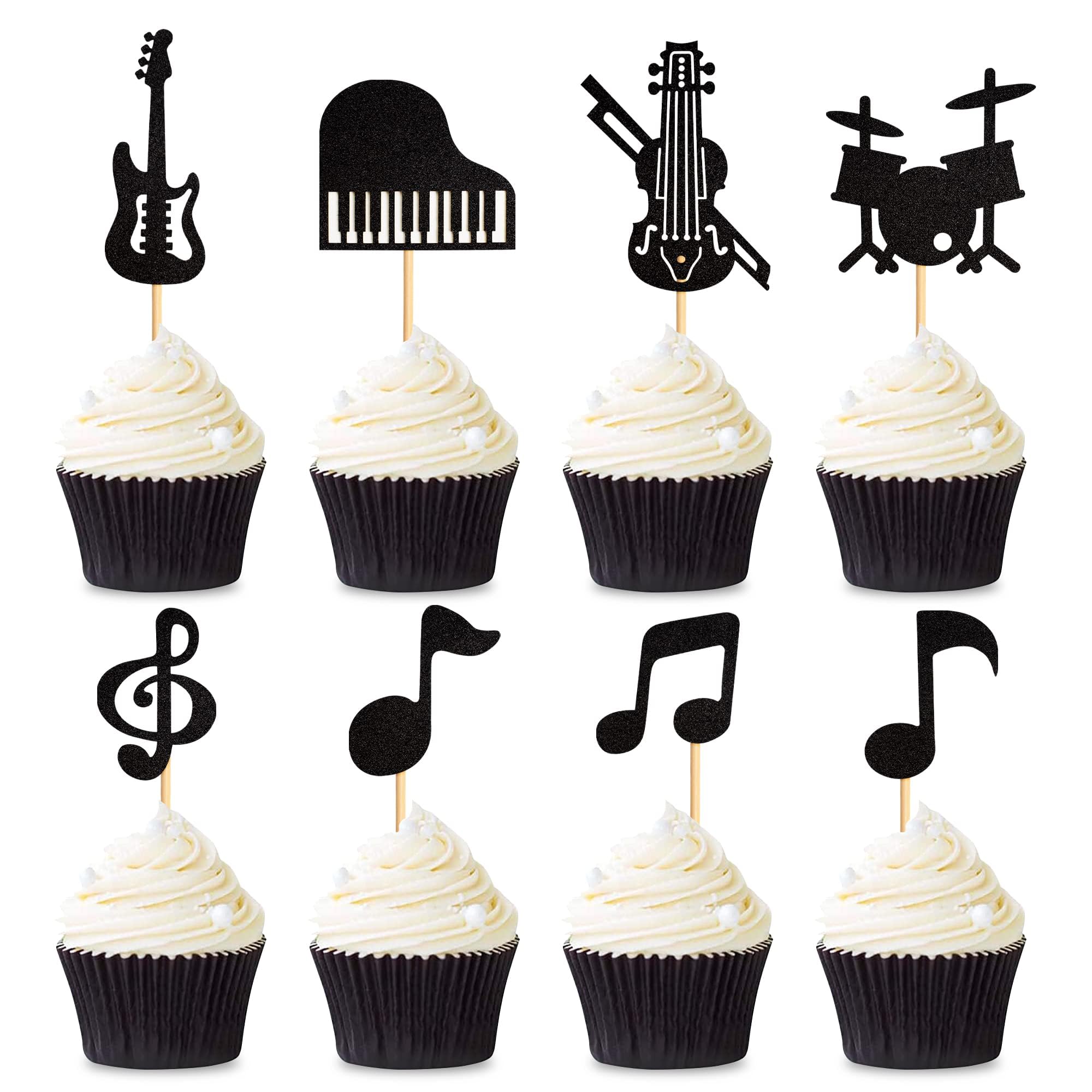 Blumomon 24 Stück Glitzer Musik Torten Deko Musikinstrument Cupcake Topper Gitarre Klavier Violine Schlagzeug Kuchen Dekor Picks für Geburtstagsfeier Baby Shower Hochzeit Dekoration Zubehör