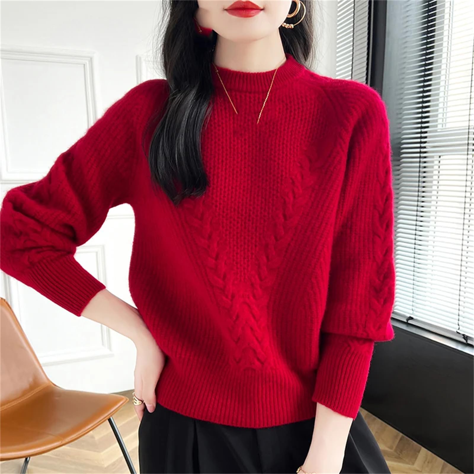 Damen Herbst Winter O-Ausschnitt Kaschmir Pullover Wolle Strickpullover Lose Pullover