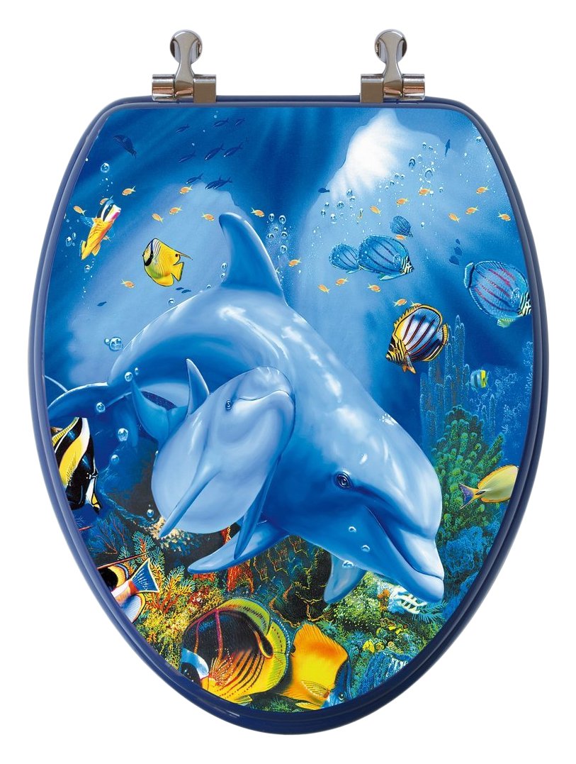 3D Ocean Series Elongated Wood Toilet Seat | Chromed Metal Hinges, Dolphin Family