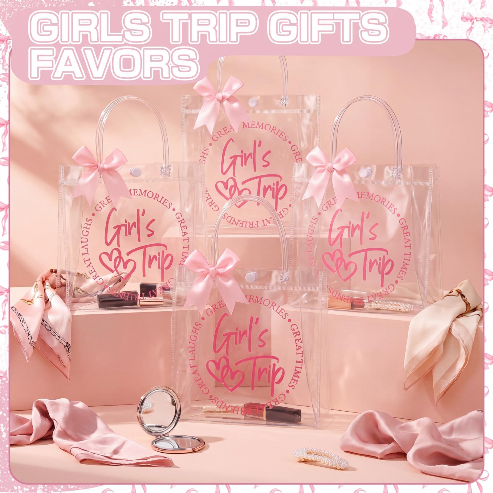 Vicenpal 12 Sets Clear Girls Trip Gift Bags with Handles 12 Pcs Pink Bows PVC Plastic Spa Party Treat Goodie Snack Bags for Birthday Slumber Bachelorette Weekend Party Favors, 7.9 x 7.9 x 3.1''