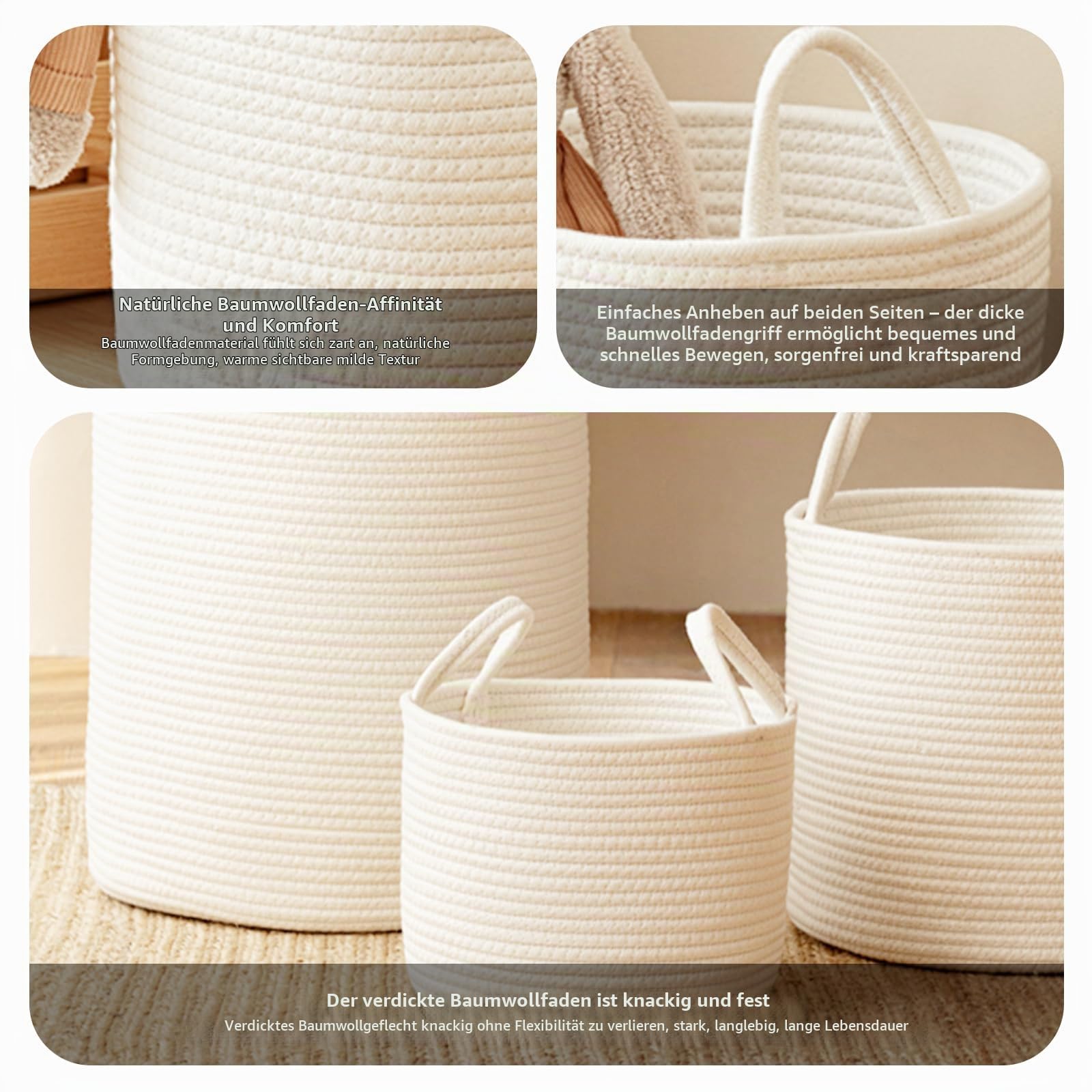 Beige Aufbewahrungskorb, Runder Baumwollseil-Aufbewahrungskorb, Korb für schmutzige Wäsche, Aufbewahrungsbox, Geeignet für Spielzeug, Decken, Schmutzige Kleidung, Kleinigkeiten, Snacks (Beige, L)